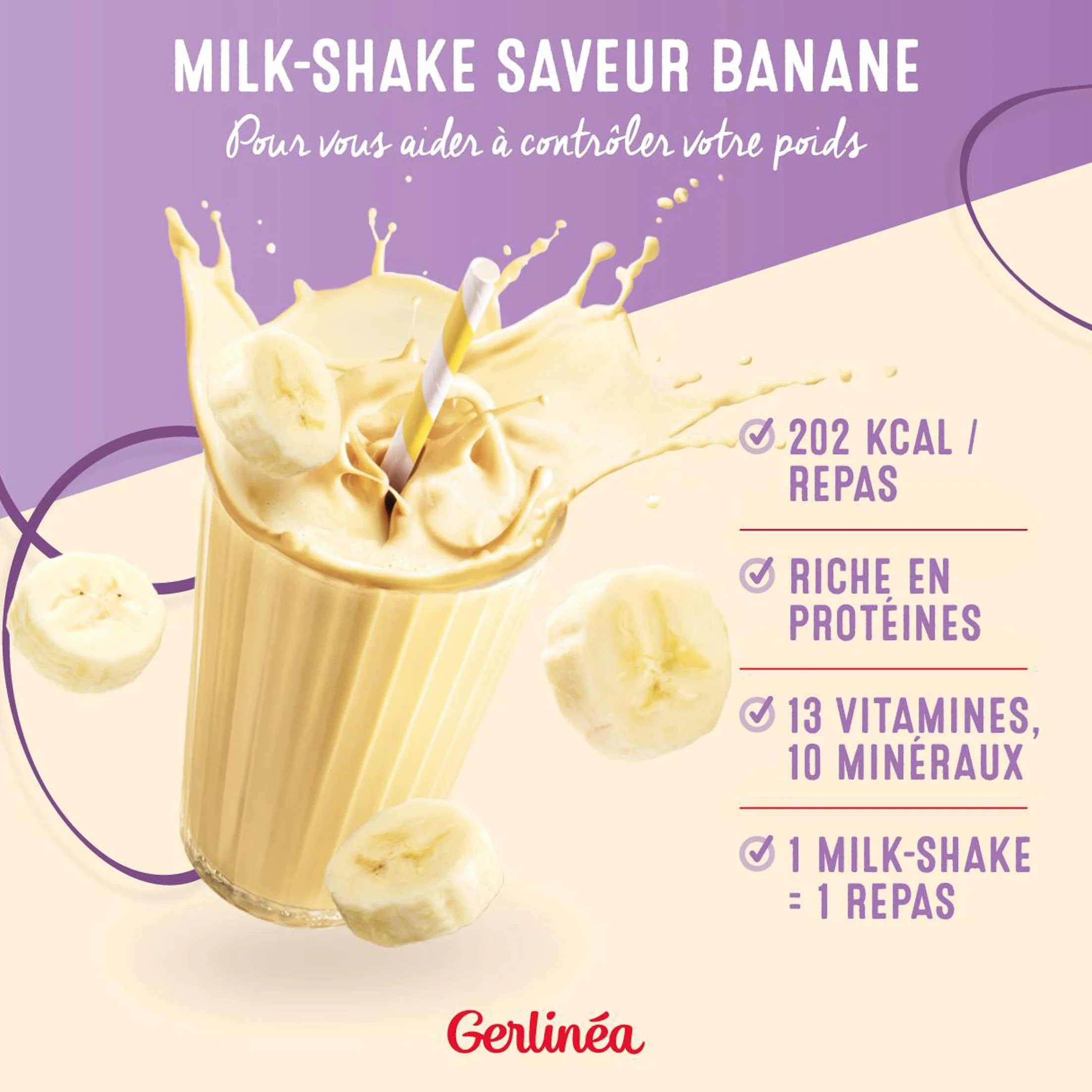 GERLINÉA Boisson Milkshake Banane Substitut de Repas Minceur Riche en Protéines 15 repas 436 g