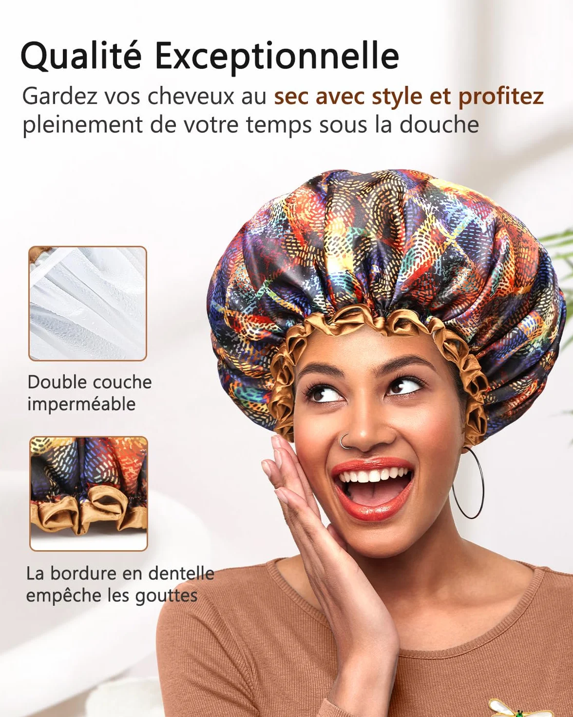 Bonnet de Douche Imperméable Réutilisable pour Femmes Cheveux Épais, Réglable, 2 Pièces