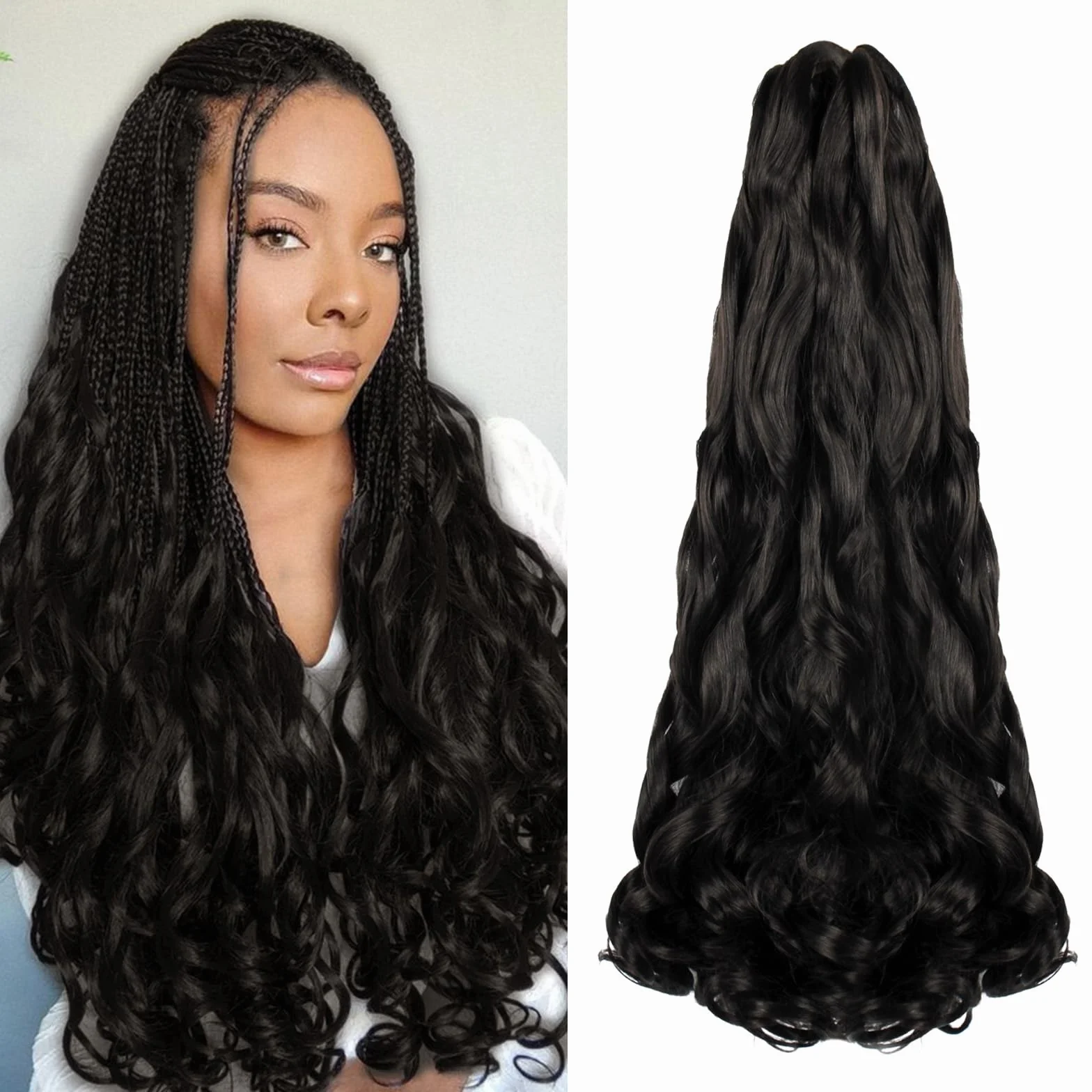 Enbeautiful French Curl Braiding Hair 24 Inch 8 Packs Pre Stretched French Curly Braids Loose Wavy Synthetic Curls Crochet Hair for Women with Curly Ends (24Inch,1B,8Packs)