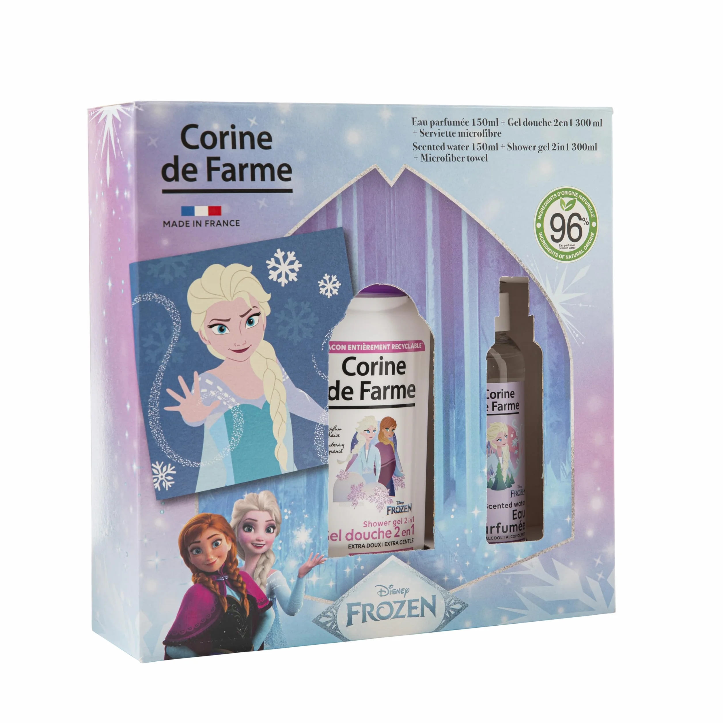 Corine de Farme Coffret Frozen Eau Parfumée 150ml Gel Douche 2en1 300ml Serviette Microfibre 96% Naturel