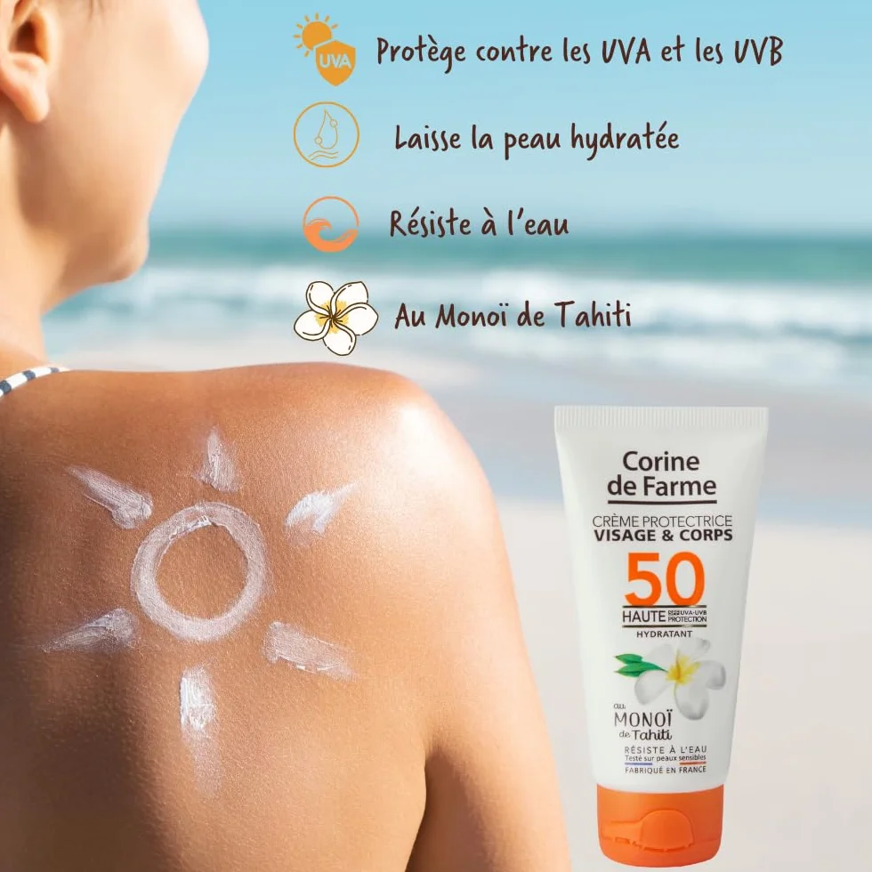 Corine de Farme Crème Protectrice Visage & Corps SPF50 Haute Protection UVA UVB Monoï de Tahiti Résiste à l'Eau 50ml