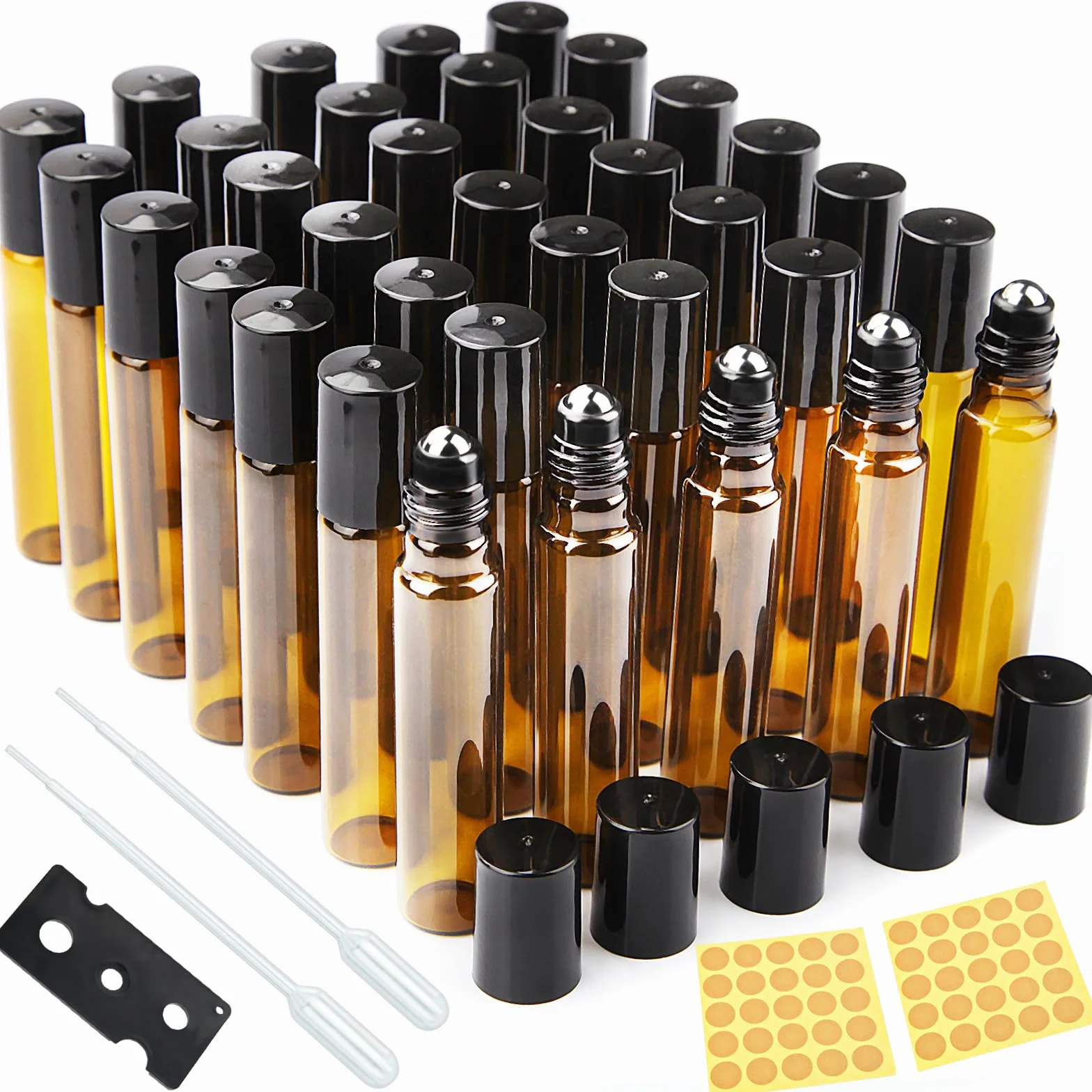 DKBT Flacon Roll On Vide 10ml 35pcs Roll On Huile Essentielle Vide Bouteil Brun Verre Flacon Roller Rechargeable, Avec Bille en Acier Inoxydable pour Parfums, Aromathérapie, Massage, Voyage
