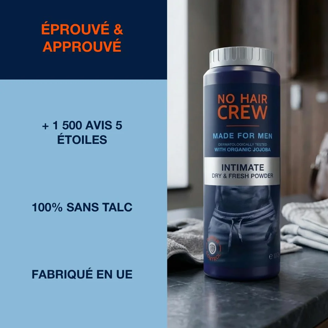 NO HAIR CREW Dry & Fresh Poudre Intime pour Hommes 100 g – Poudre Corporelle Sans Talc contre la Transpiration et les Odeurs
