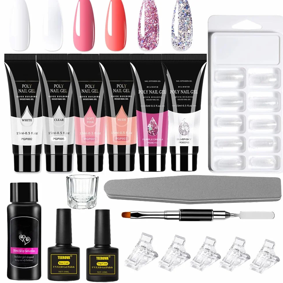 Kit de démarrage extensions d'ongles polygel 6 couleurs avec solution antidérapante outils manucure