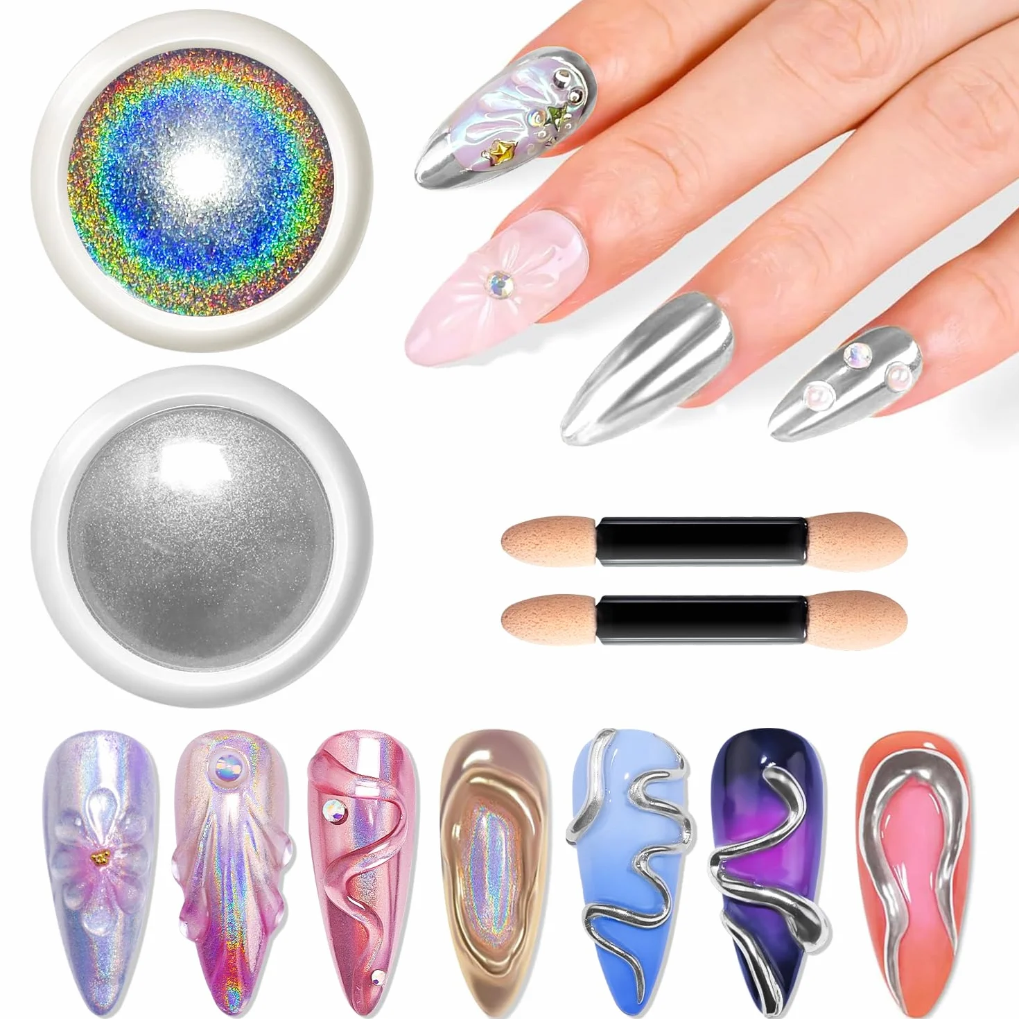 Poudre Chrome Ongle Argent BISHENGYF Miroir Effet Holographique 2PCS Nail Art