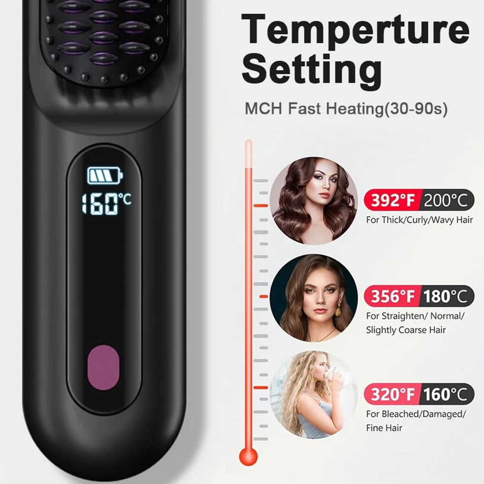 Brosse à Cheveux électrique sans fil Rechargeable Chauffante avec affichage LED 3 Niveaux de Température Lisser Boucler
