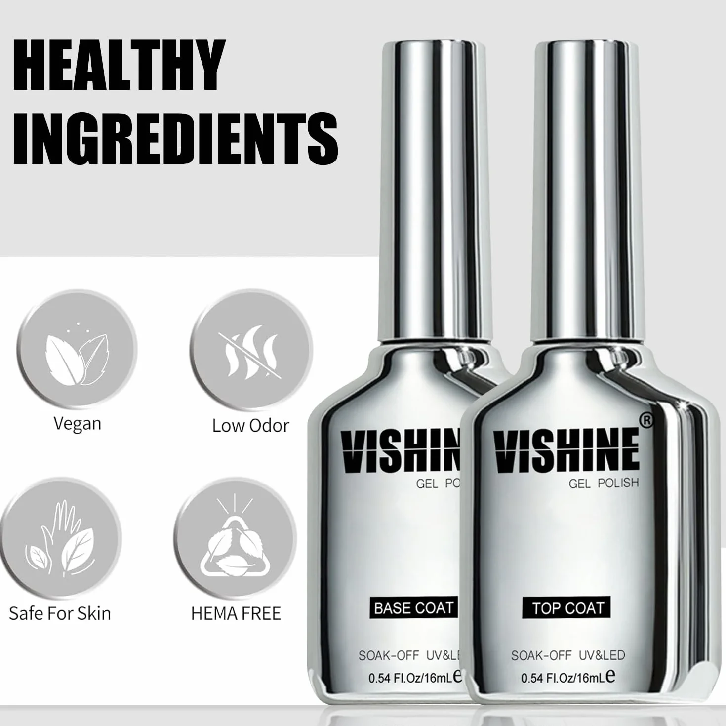 Vishine 16ml HEMA FREE Top Coat et Base Coat UV/LED Vernis Gel Semi Permanent DUO No Wipe 2PCS