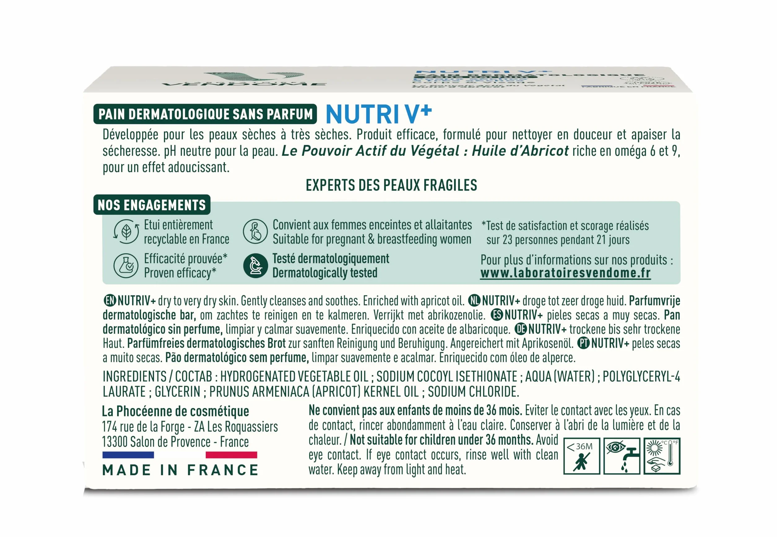 LABORATOIRES VENDÔME NUTRI V+ Pain Dermatologique Sans Parfum 100g pH Neutre Peaux Sèches