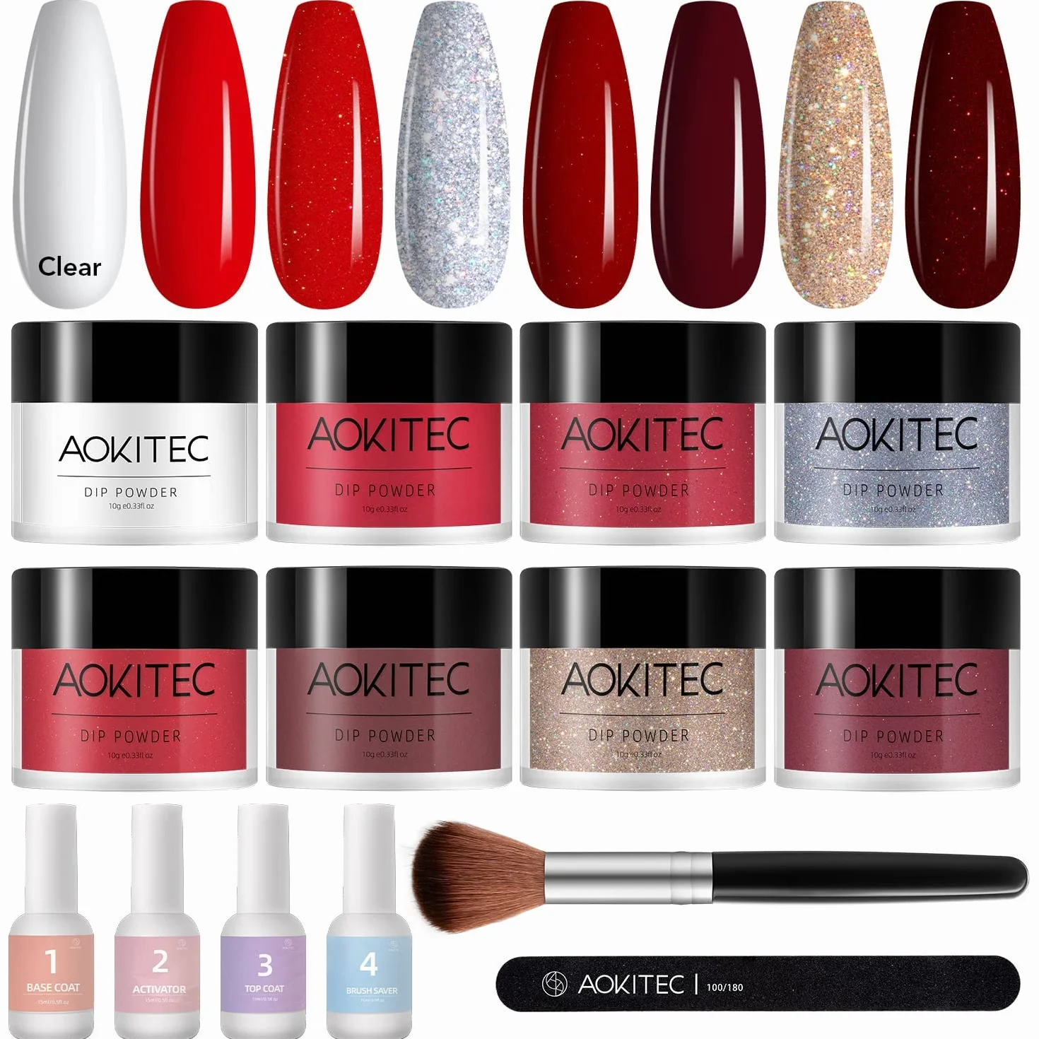 Aokitec 14Pcs Dipping Powder Kit 8 Couleurs Baiser Passionné, Poudre Acrylique avec Base Finition Activateur Pinceau, Nail Art Manucure