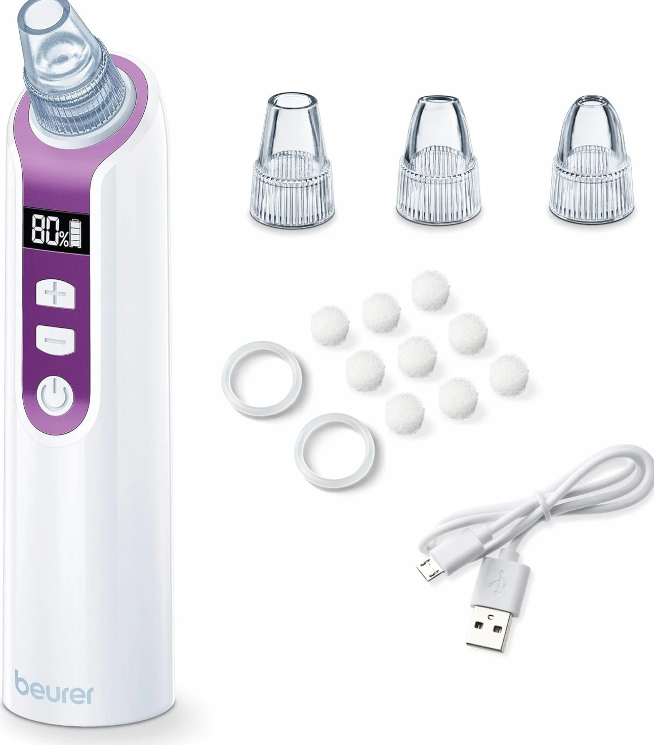 Beurer FC 41 Appareil anti points noirs, éliminateur électrique de points noirs pour un nettoyage des pores profond, 5 niveaux d'intensité et 3 têtes, convient à tous les types de peau