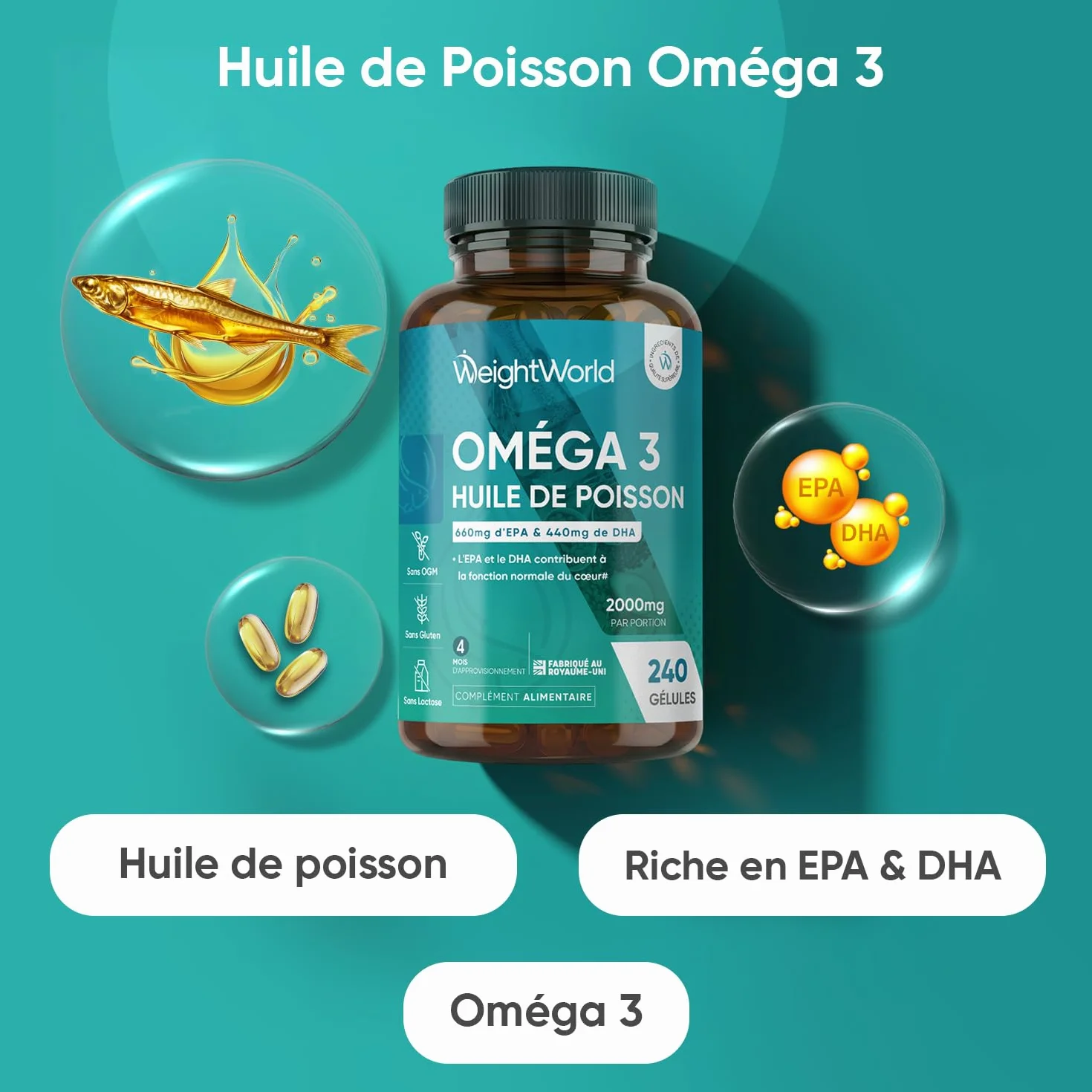 Oméga 3 Huile de Poisson Gélules 2000mg, 240 Gélules, EPA 660mg & DHA 440mg, sans Odeur