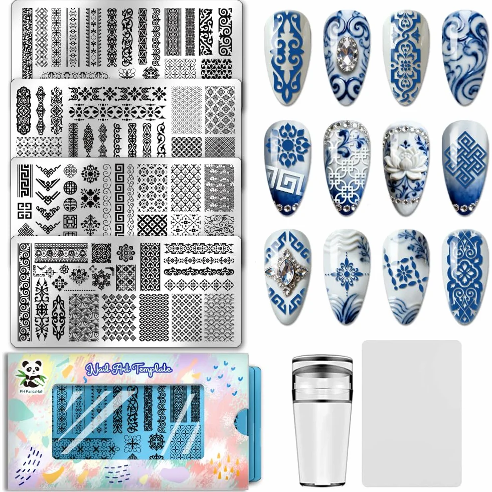 PH PandaHall 4pcs Plaque de Tampon à Ongles à Motifs de Style Chinois Modèle D'Art D'Ongle à Longue Bande Rétro Motifs Floraux Pochoirs à Ongles Bordures Traditionnelles pour Femmes Manucure Décor