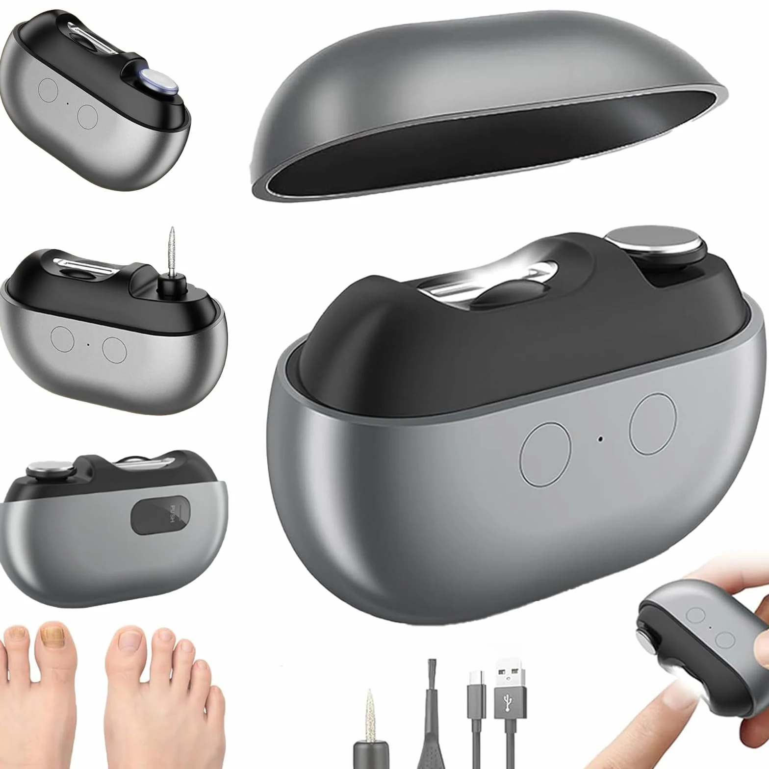 2026 Coupe Ongle Electrique pour Pieds et Main, Coupe Ongles Electrique 3 en 1 avec LED pour Ongles Durs/Épais et Finition Précise, Adulte & Senior, Silencieux et Sans Douleur (Grau)