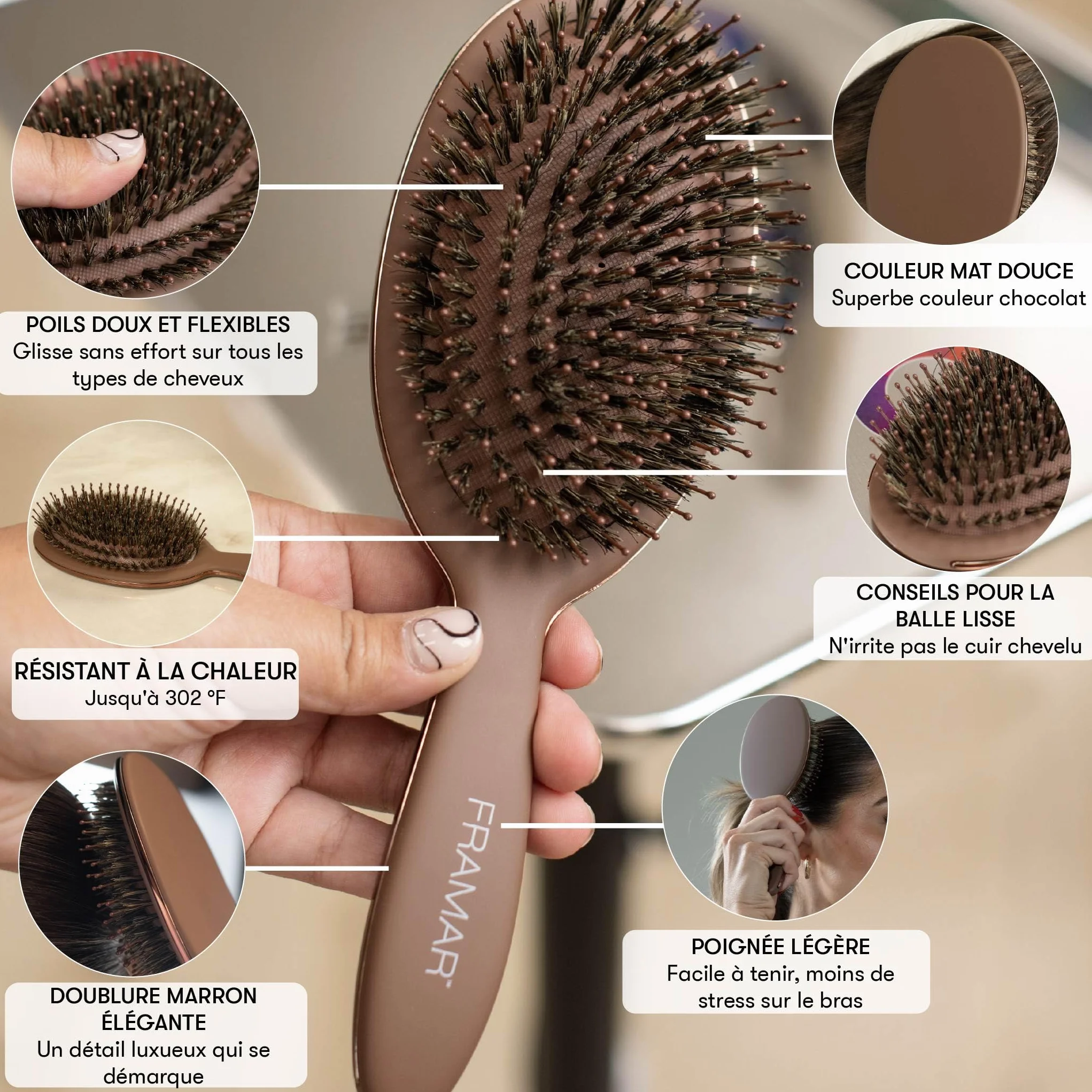FRAMAR brosse en poils de sanglier souple – effet plaqué, volume et brillance – chocolat