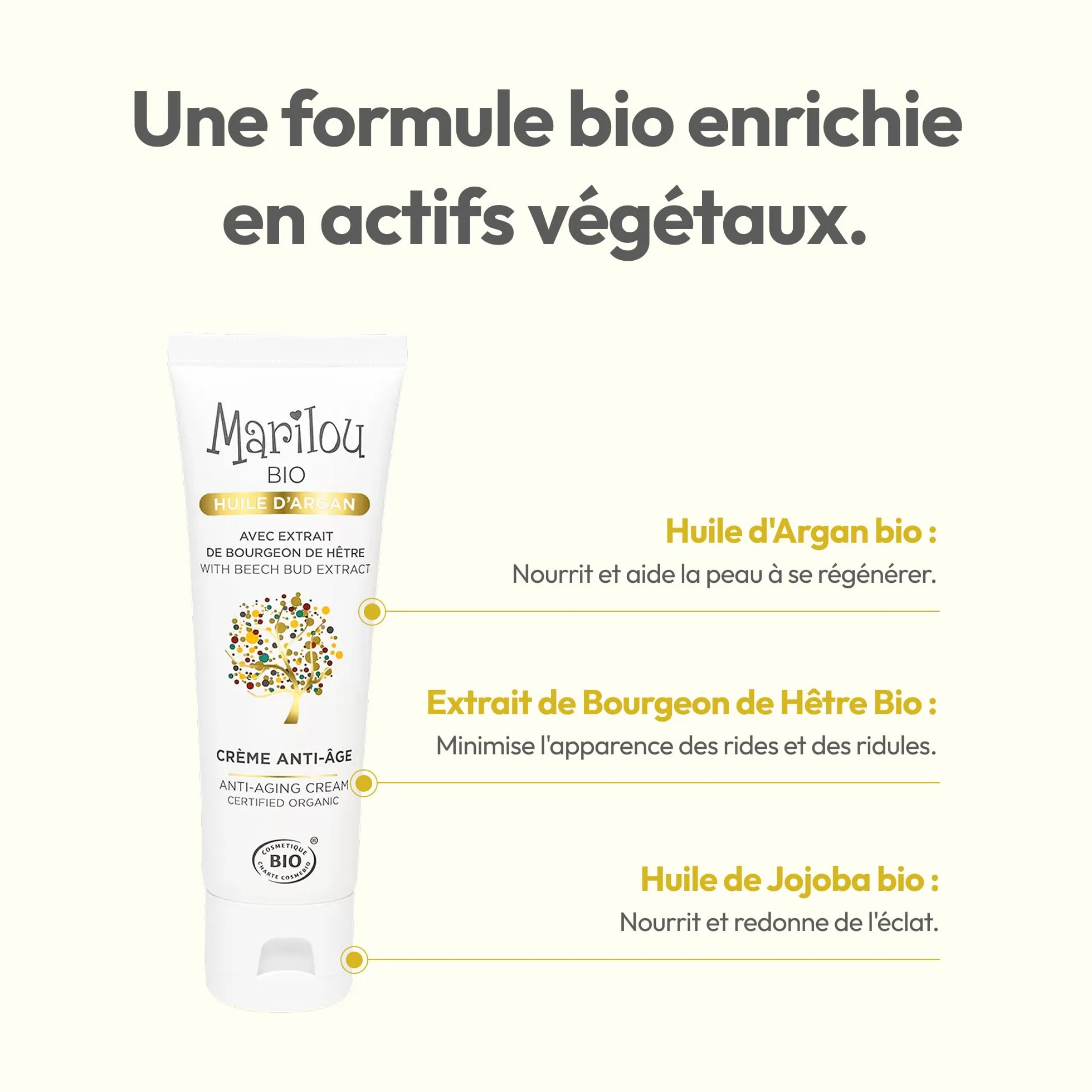 Marilou Bio Crème visage Anti-âge à l'Huile d'Argan bio 50ml 99% ingrédients d'origine naturelle