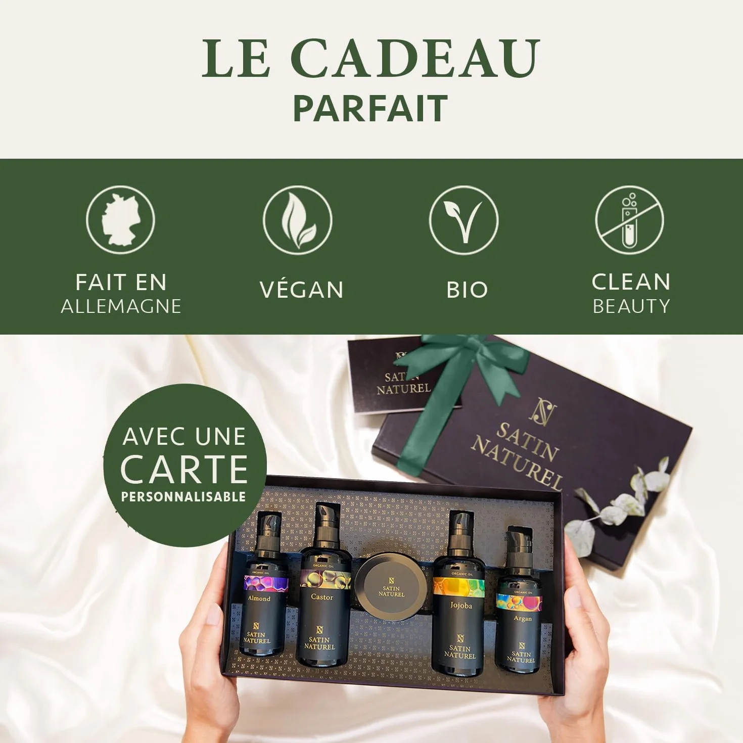 Satin Naturel Coffret Cadeau Femme 350 ml Huile Argan Ricin Amande Jojoba Gommage Corps