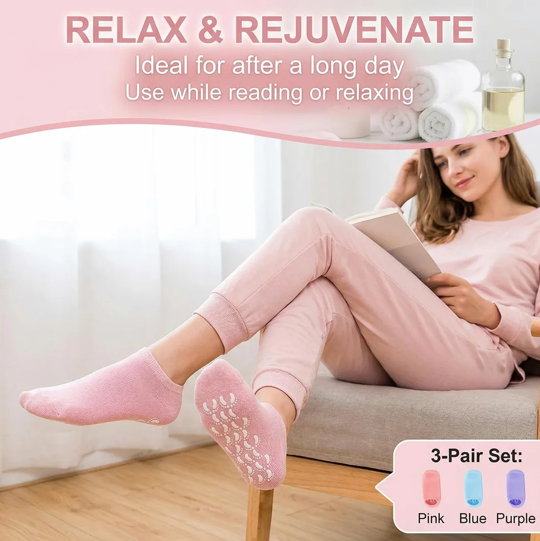 Chaussettes en gel pour talons hydratantes antidérapantes bout ouvert réutilisables rose bleu violet