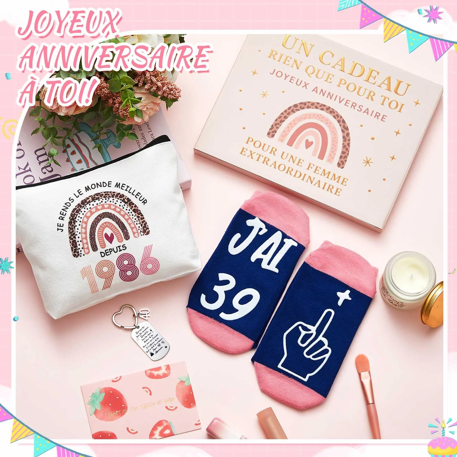 Coffret Cadeau Anniversaire Femme 40 Ans 1986 Trousse Maquillage Chaussettes Porte-Clés Boîte Idée Cadeau Originale Humour Femme Née en 1986 Set Accessoire 40e Anniversaire