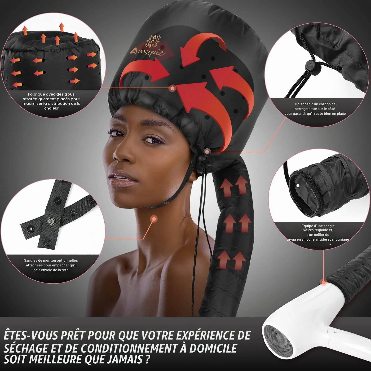 Fixation pour sèche-cheveux avec capuche, fixation douce et réglable pour sèche-cheveux extra large pour un séchage plus rapide à la maison, facile à utiliser pour le coiffage, le bouclage et