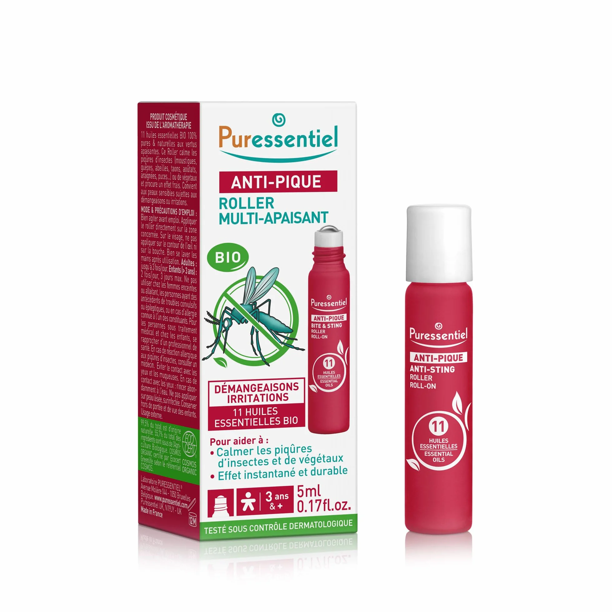 Puressentiel Anti-Pique Roller Apaisant BIO – 5 ml – Calme piqûres d’insectes et irritations – 11 Huiles Essentielles