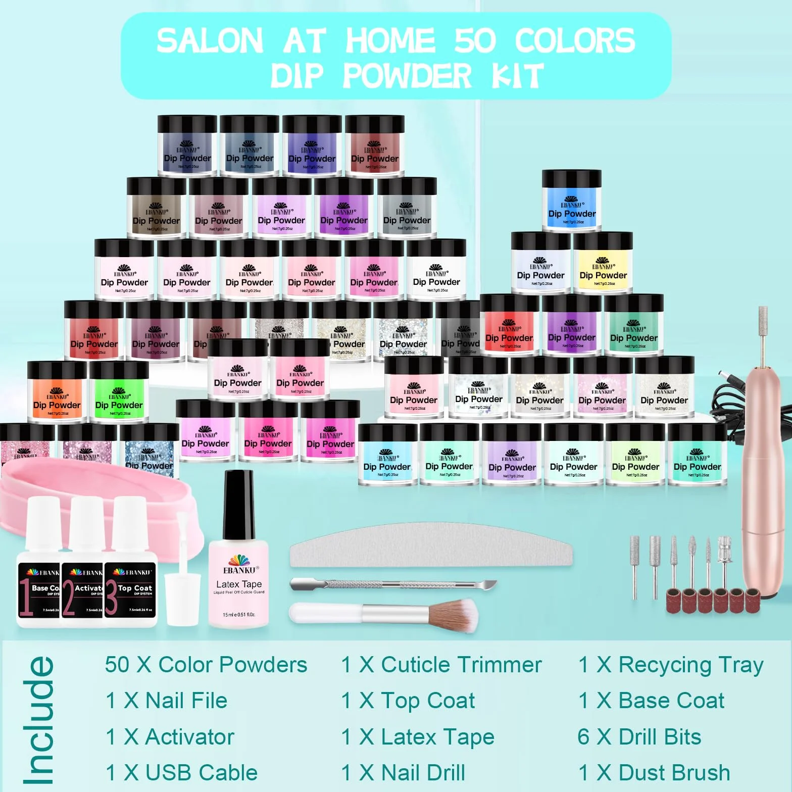 EBANKU Kit de manucure 50 couleurs poudre à tremper base perceuse électrique top coat liquide activateur nail art