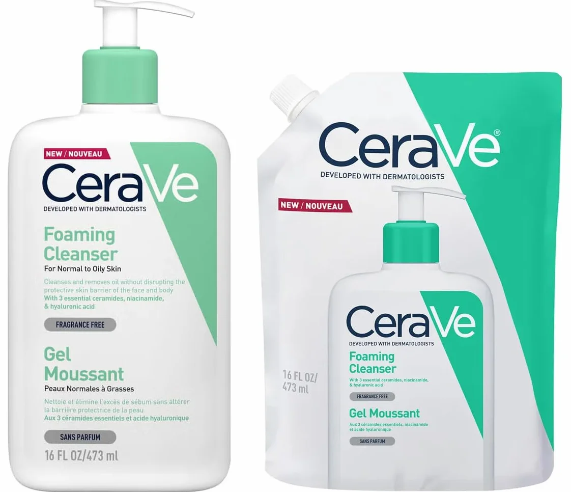 CeraVe Nettoyant moussant avec recharge – Avec acide hyaluronique, niacinamide et 3 céramides essentielles – Gel nettoyant quotidien pour peaux normales à grasses (473 ml + recharge de 473 ml)