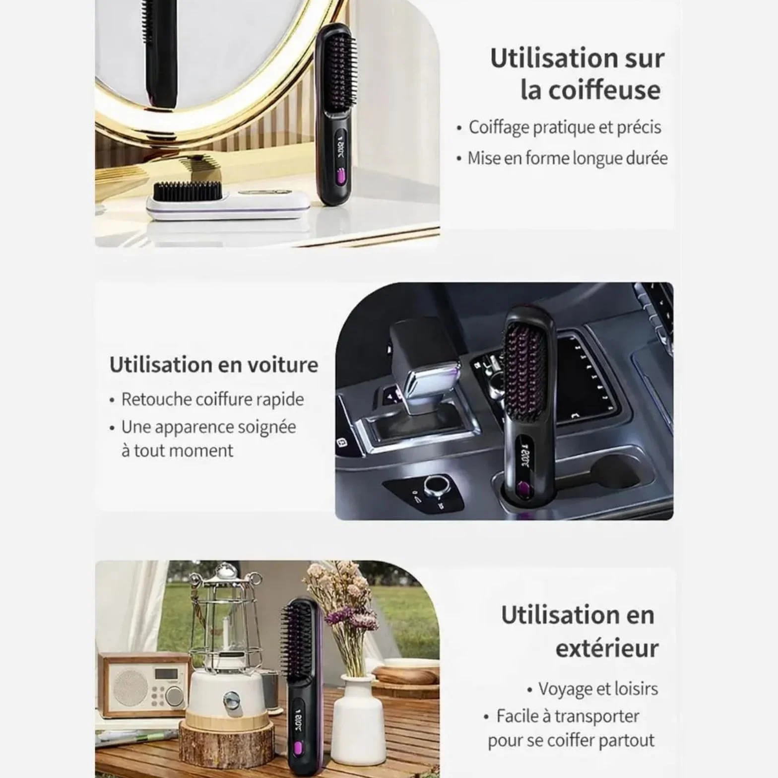 Velora Brosse Lissante Sans Fil Rechargeable USB Mini Peigne Lissant Thermique Portable avec 3 Réglages de Température et Écran LED
