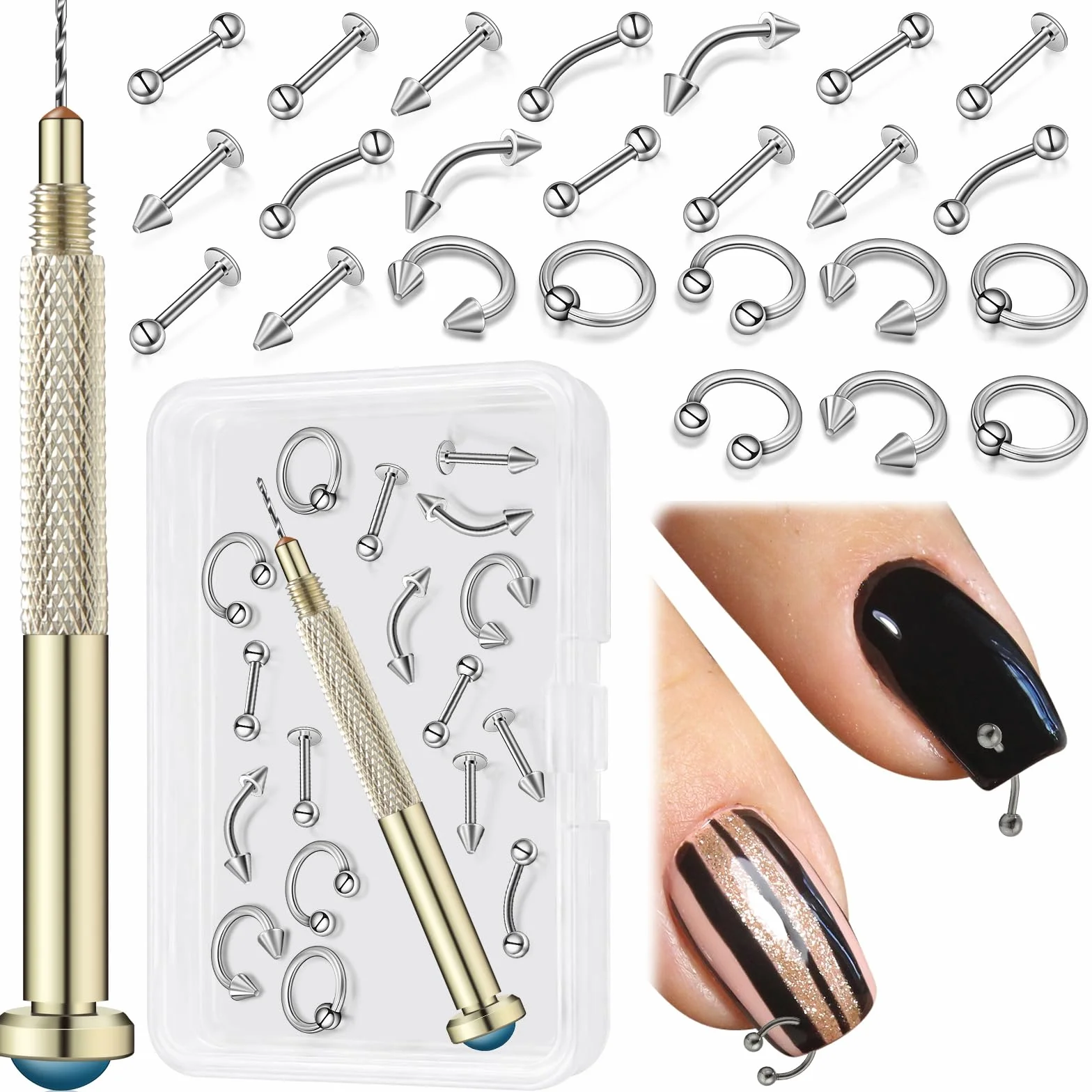 Breloques d'Art d'Ongle 25 Pièces avec Outil de Perçage Perceuse à Main en Argent pour Décor Acrylique et Gel