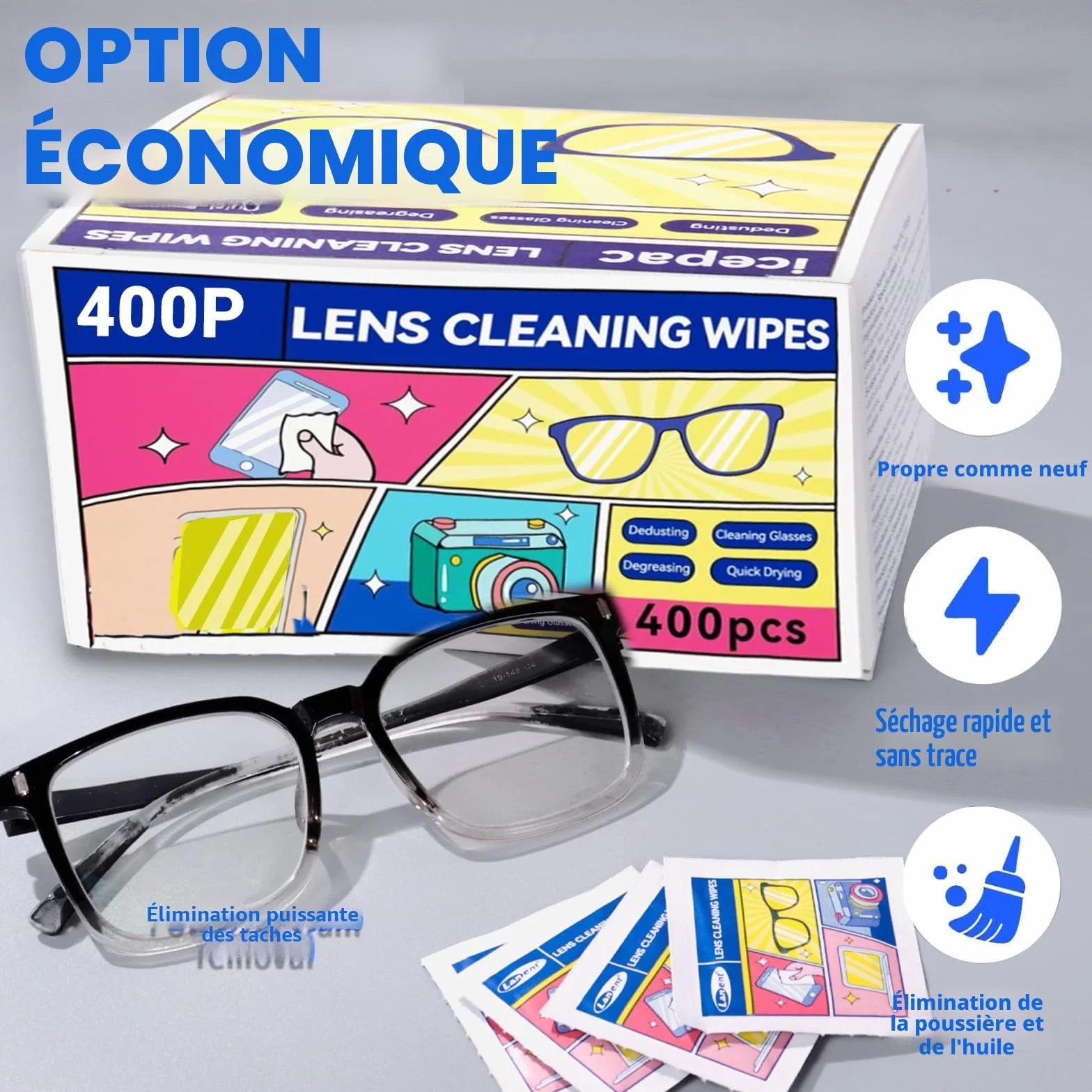 Lingettes nettoyantes pour lunettes lot de 400, emballées individuellement, pré-humidifiées pour lentilles, appareils photo, téléphones