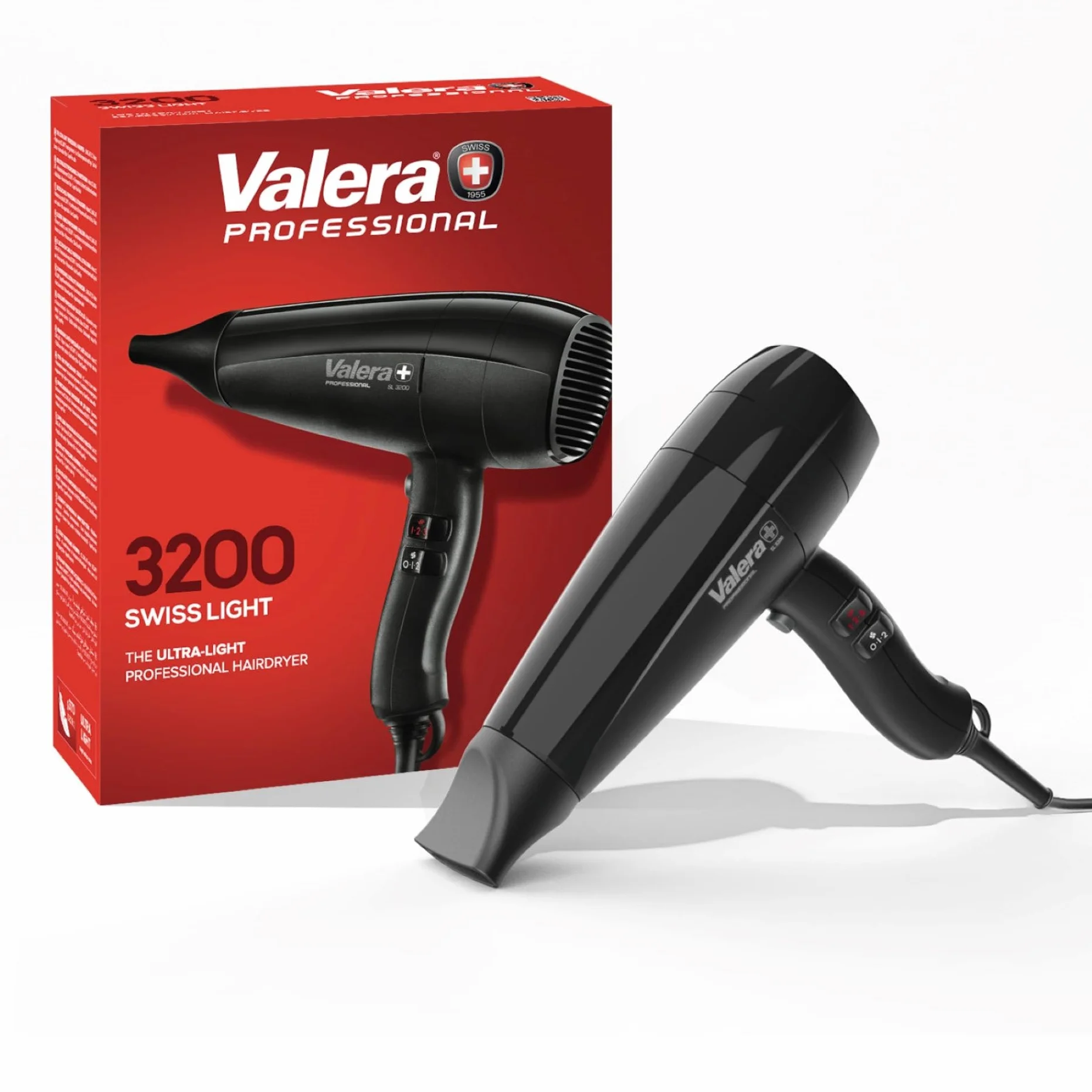 Valera, Swiss Light 3200 Sèche-cheveux professionnel léger avec 3 niveaux de température et bouton de refroidissement, filtre amovible, câble Super Flex, 1600 W, fabriqué en Suisse