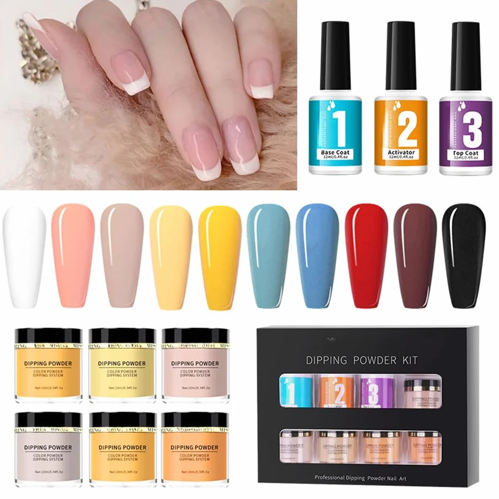 Kit de poudre de plongée à ongles 6 couleurs avec base activateur et top coat pour manucure française sans lampe UV/LED