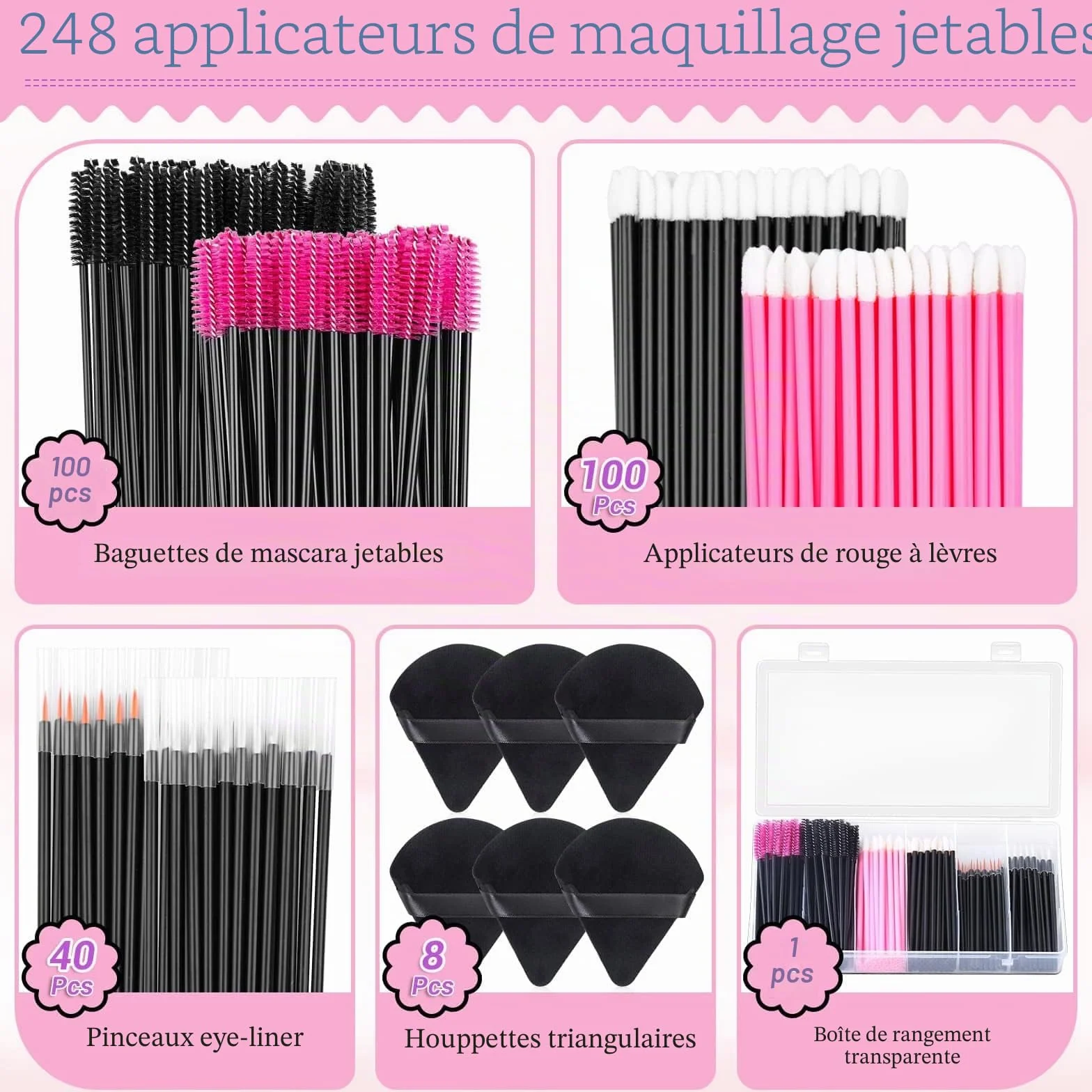248 pièces kit d'application de maquillage jetable pinceaux eyeliner houppettes triangulaires