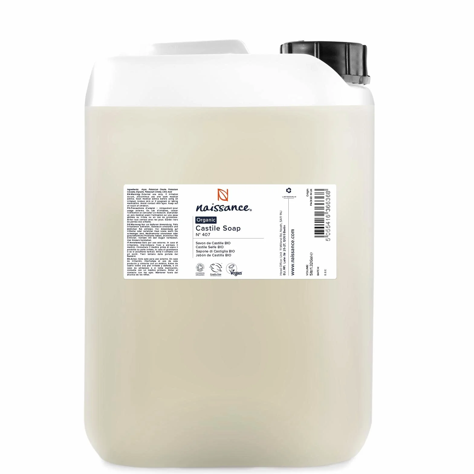 Naissance Savon de Castille Liquide BIO (No. 407) - 5 litres - Pure, Naturel et sans parfum - Végan, Sans SLS, SLES - Pour Cheveux, Corps, Visage, Cosmétique
