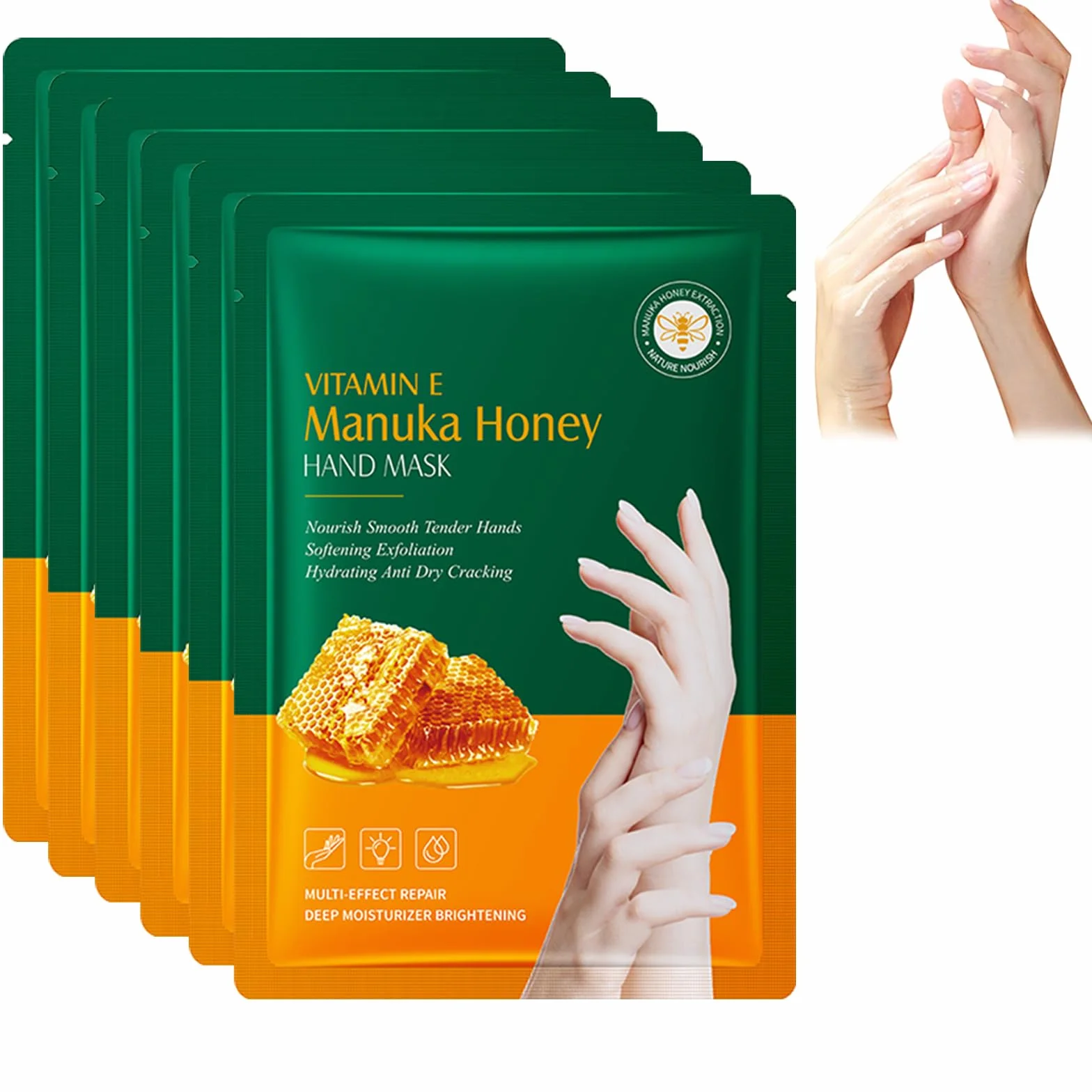 Masques Mains Hydratants à la Vitamine E et Miel, 6 Pièces, Gants Réparateurs pour Mains Sèches et Gercées