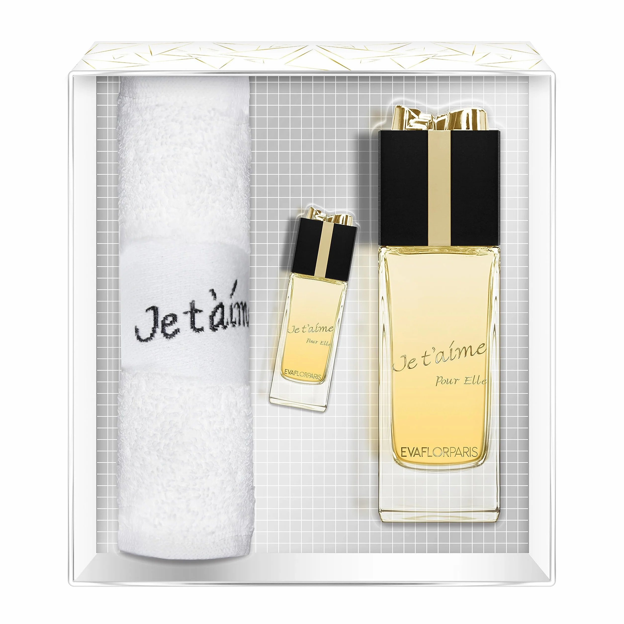 JE T'AIME pour Elle Coffret pour Femme Eau de Parfum 100 ml + Miniature 10 ml + Serviette Éponge Vaporisateur Spray Parfum Cadeau • EVAFLORPARIS