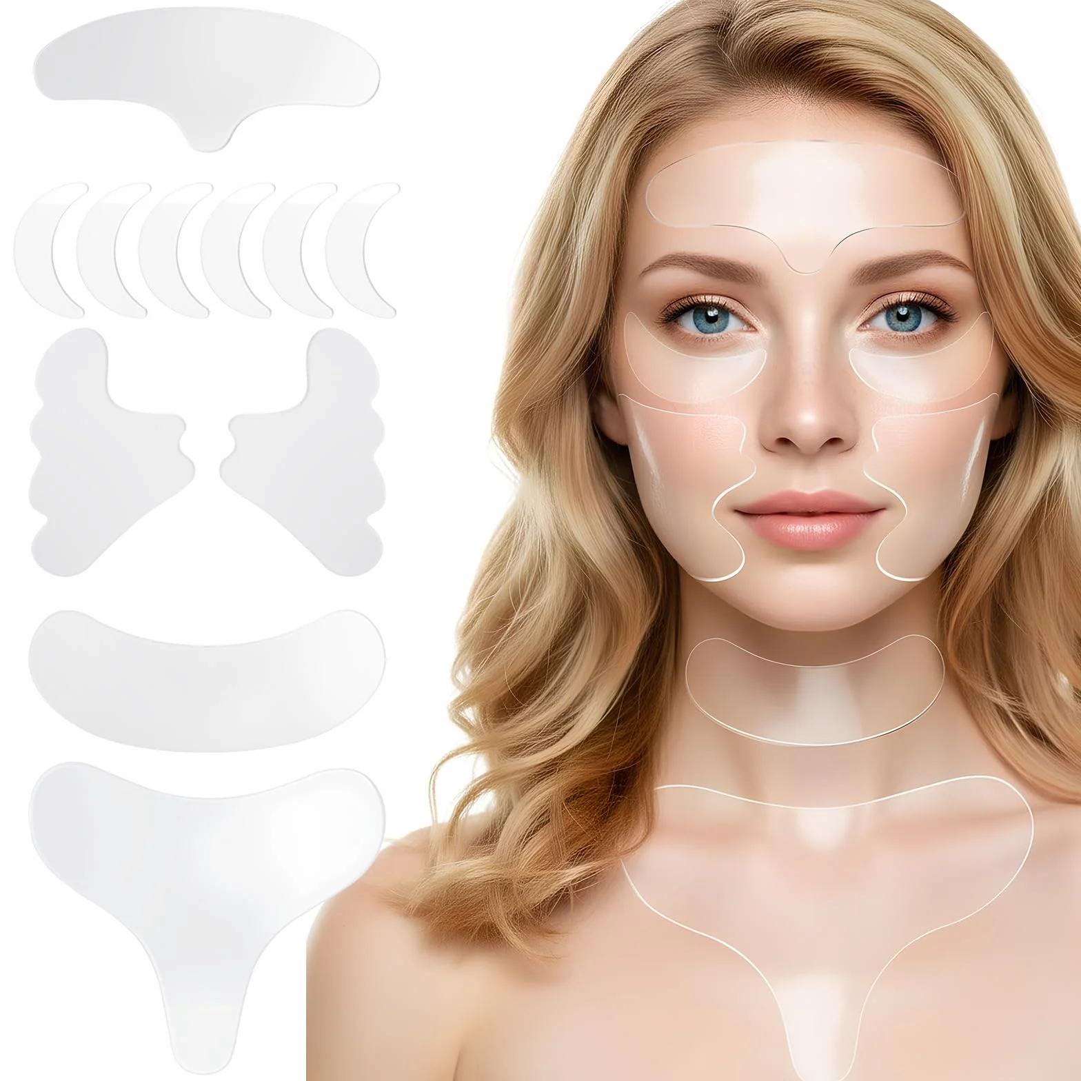 Patch Anti-Rides Visage 11 Pièces Silicone Réutilisables Sans Adhésif Front Yeux Joues Bouche Poitrine