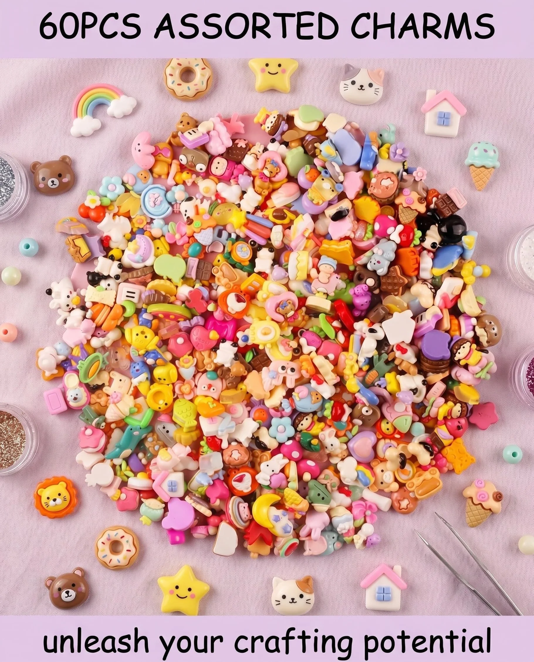 Kit 60 Pièces Mini Breloques en Résine Kawaii à Dos Plat, Objets Mignons pour DIY Créatif, Nail Art & Slime