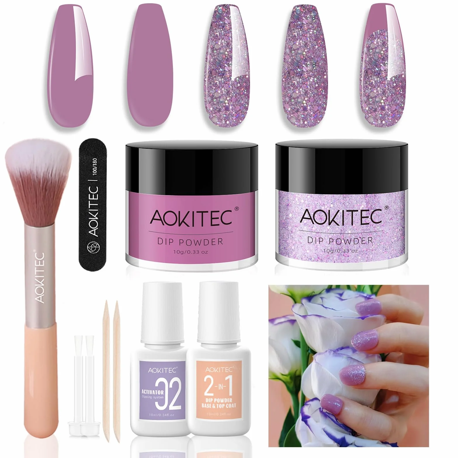 Aokitec Kit de poudre pour ongles en trempage Collection Fêtes violette pailletée liquide trempage pinceau poussière nail art DIY