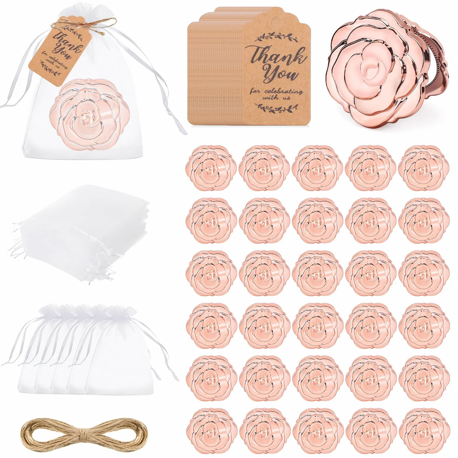 Lot de 30 miroirs compacts en forme de rose pour invités - Avec étiquette de remerciement et sac en organza (or rose)