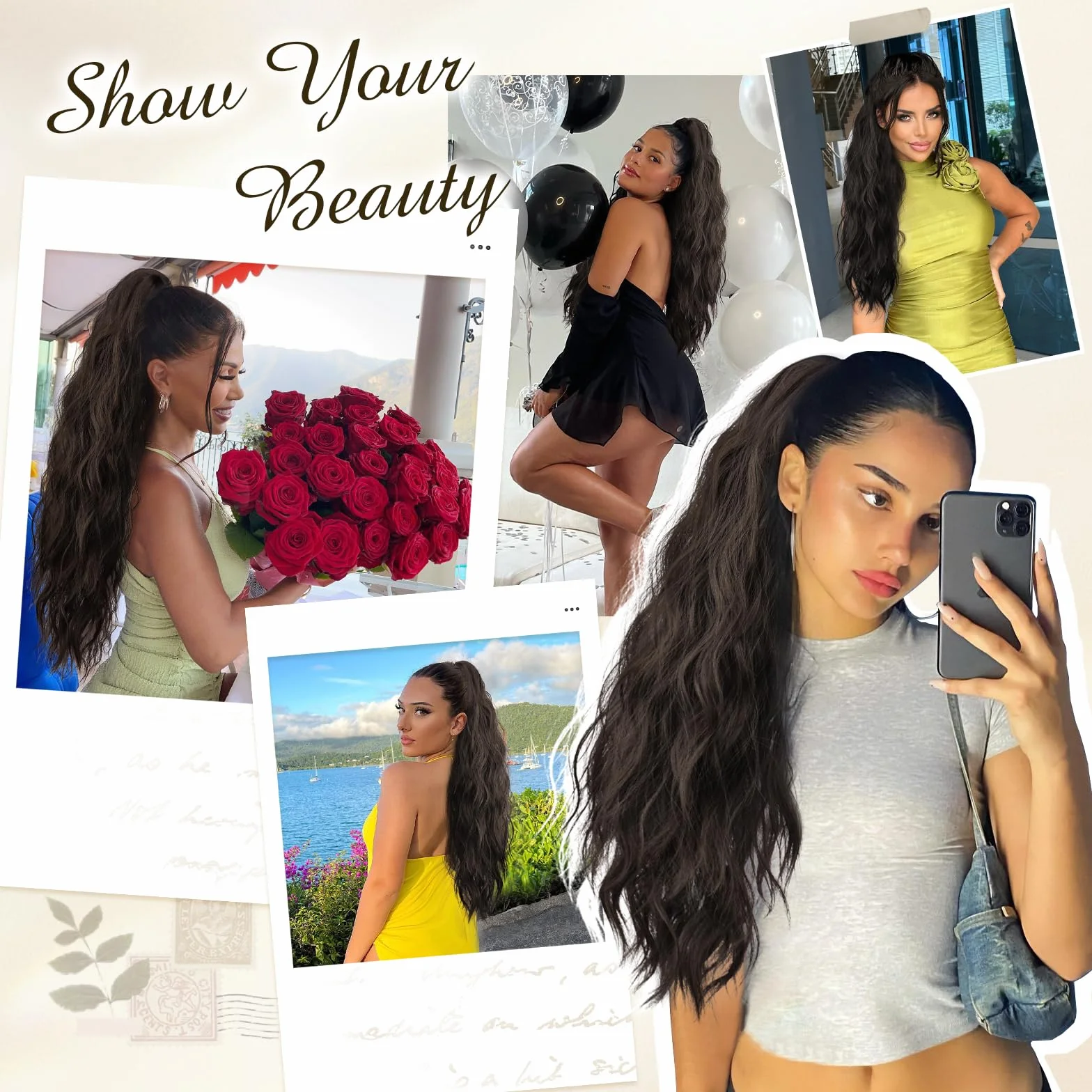 FESHFEN Extension Queue de Cheval avec Pince - Postiche Cheveux Naturel Ondulé Longue Ponytail Extensions Synthétique Fausse Rajout Postiches pour Femmes, 63 cm Châtain