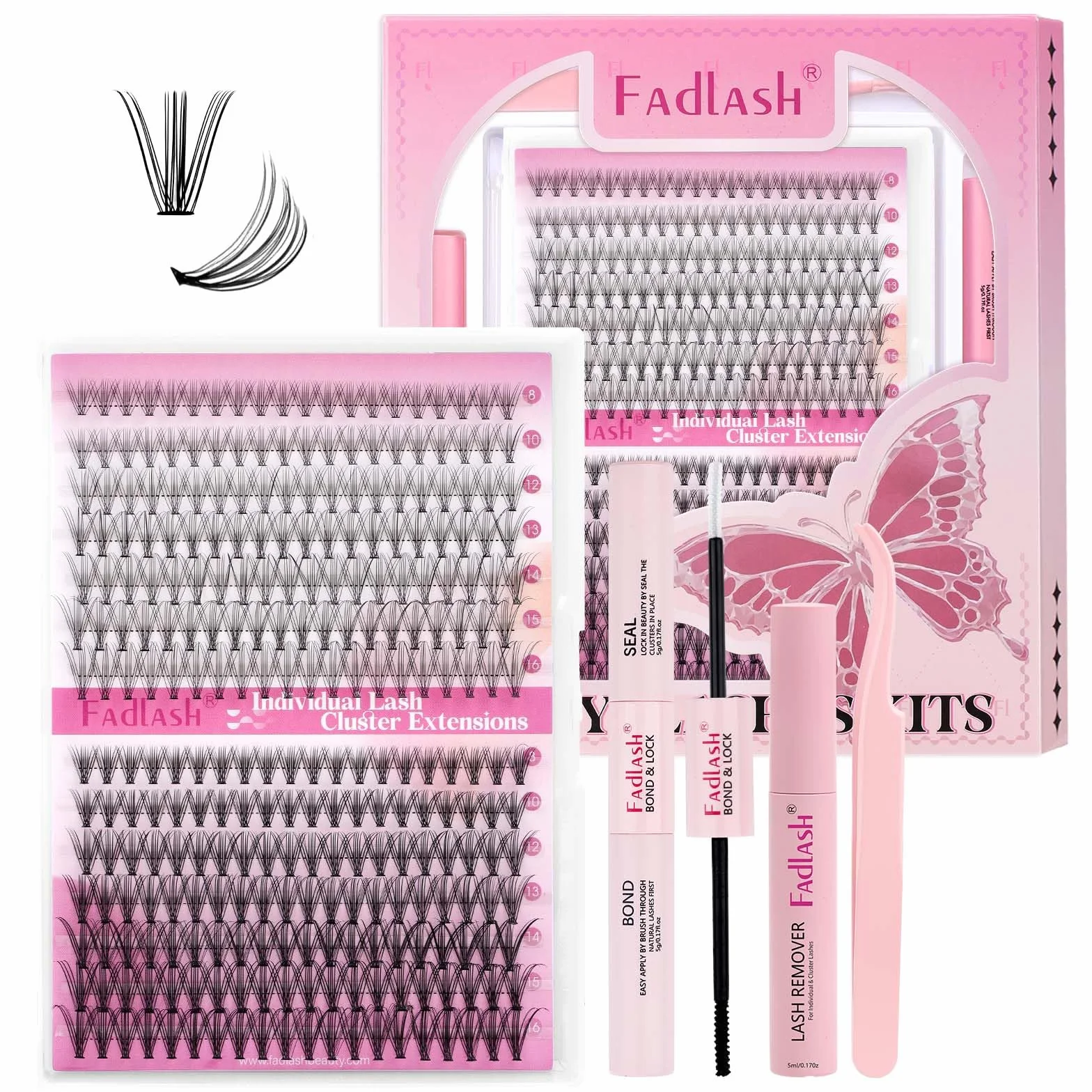 FADLASH Kit Extension Cils Bouquet 10D 20D 280pcs Faux Cils Individuel 8-16mm C Curl, Bond and Seal, Remover Gel, Pince à Lashes, Cluster Lashes Kit DIY