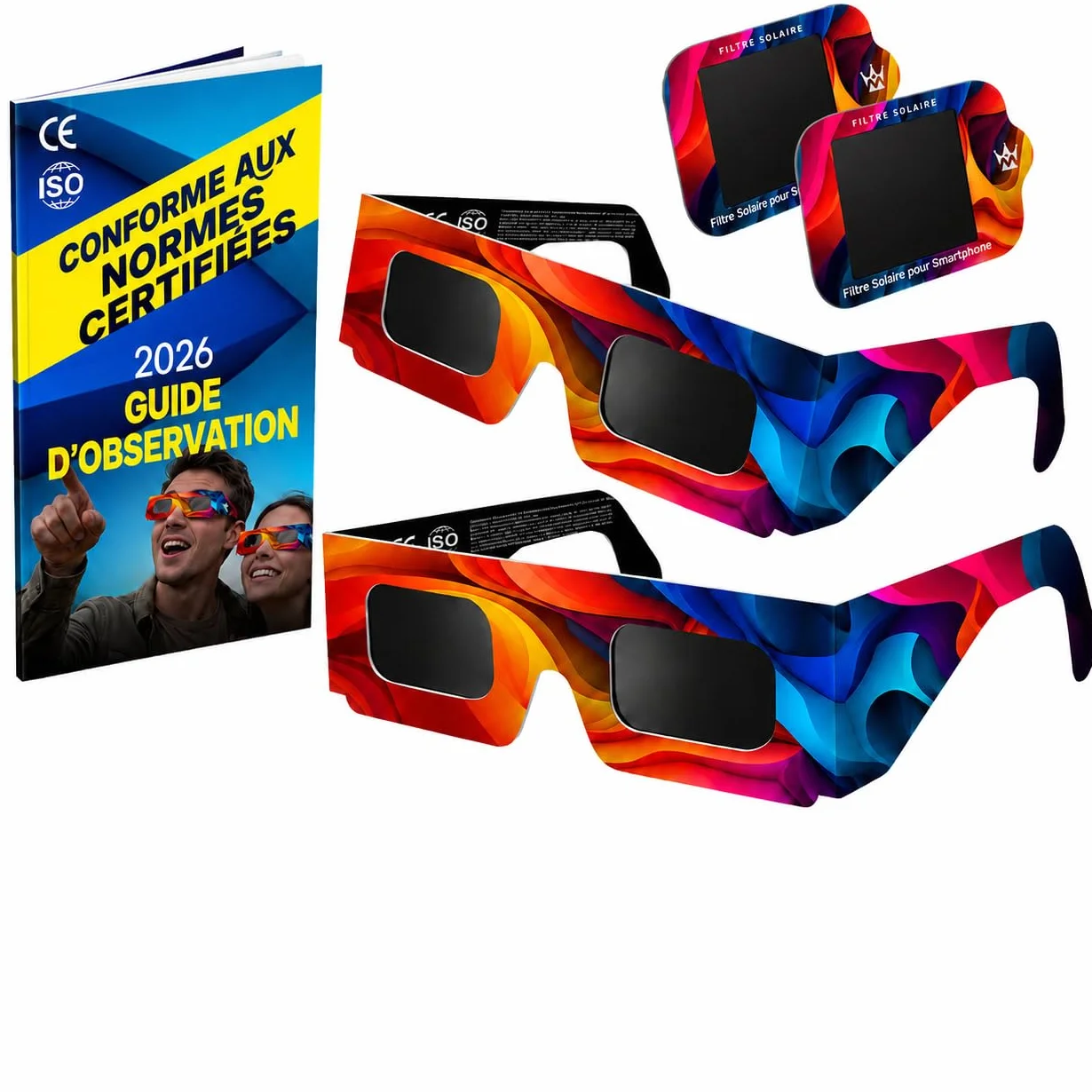 Lunettes Eclipse Solaire ISO 12312-2 Lot de 2/12/20 Paires avec Filtres Solaires Smartphone Protection des Yeux