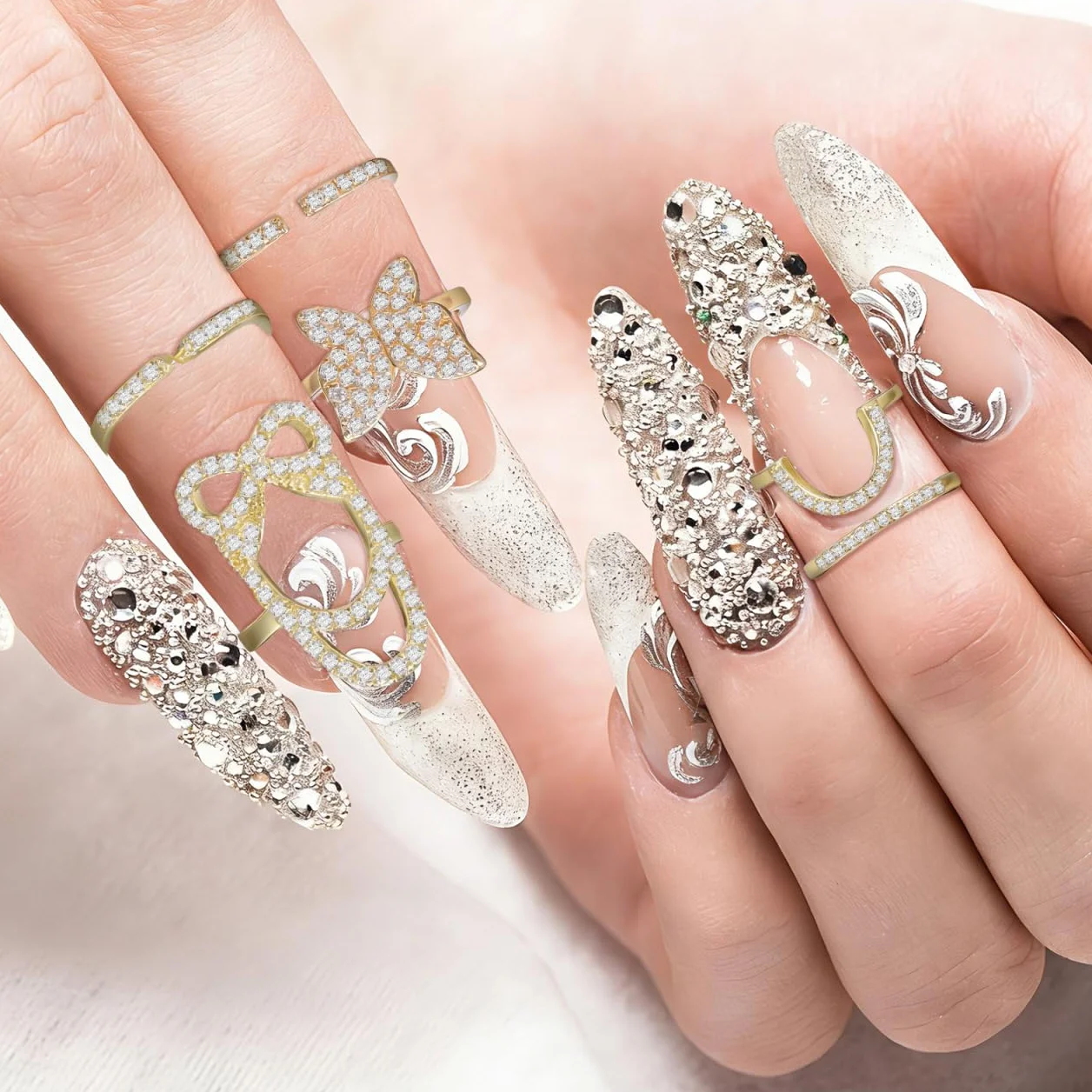 Bagues À Ongles Zircon Strass Nail Art Bijoux Décoration Pour Femmes 3 Pièces