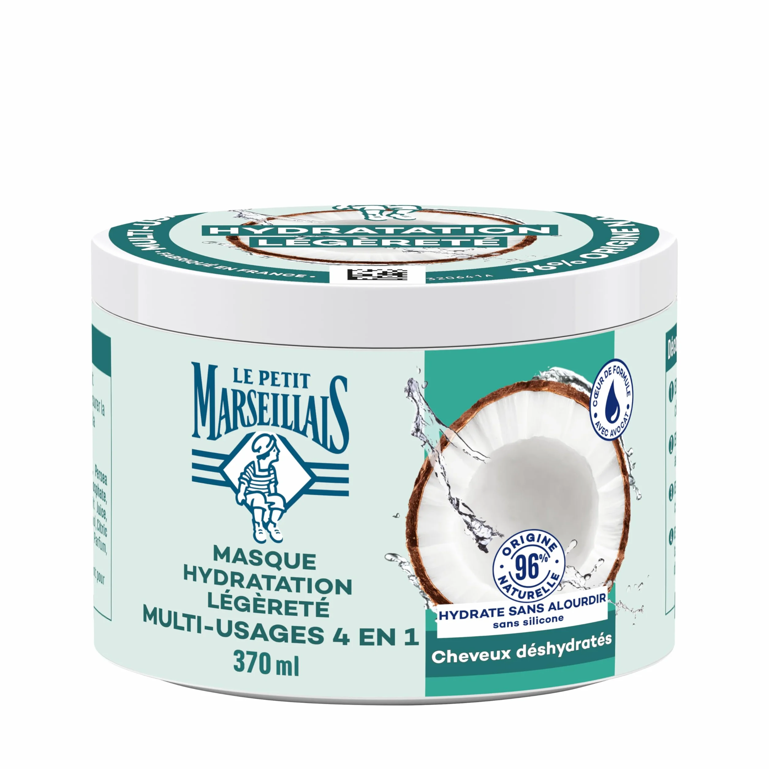 Le Petit Marseillais Masque 4 en 1 Hydratation Eau de Coco Bio 370 ml Masque Capillaire Cheveux Déshydratés