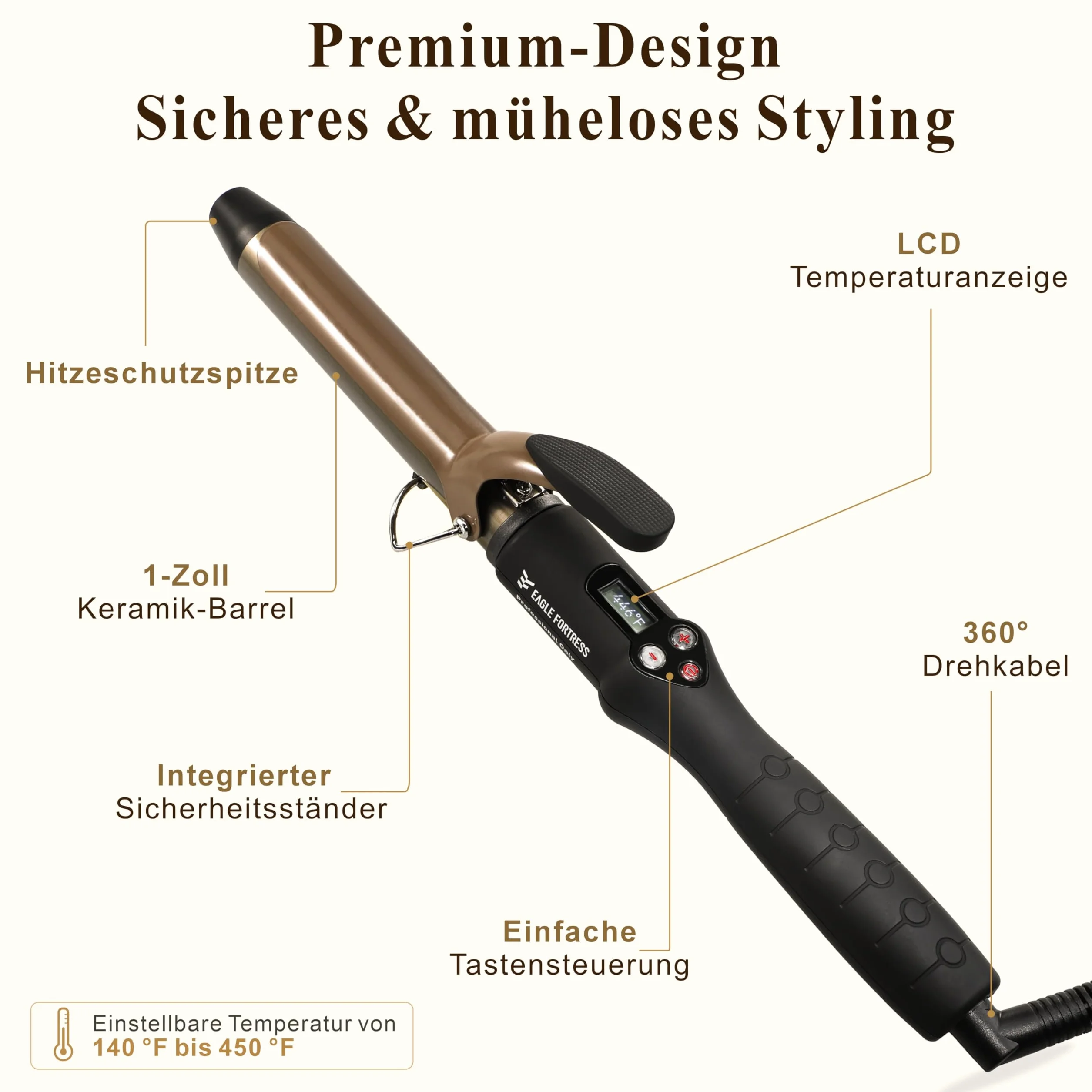 Fer à boucler professionnel avec écran LCD, 30 secondes, chauffage rapide, 60 °C à 230 °C, fer à boucler en céramique en aluminium avec pince, qualité salon pour tous les types de cheveux, câble