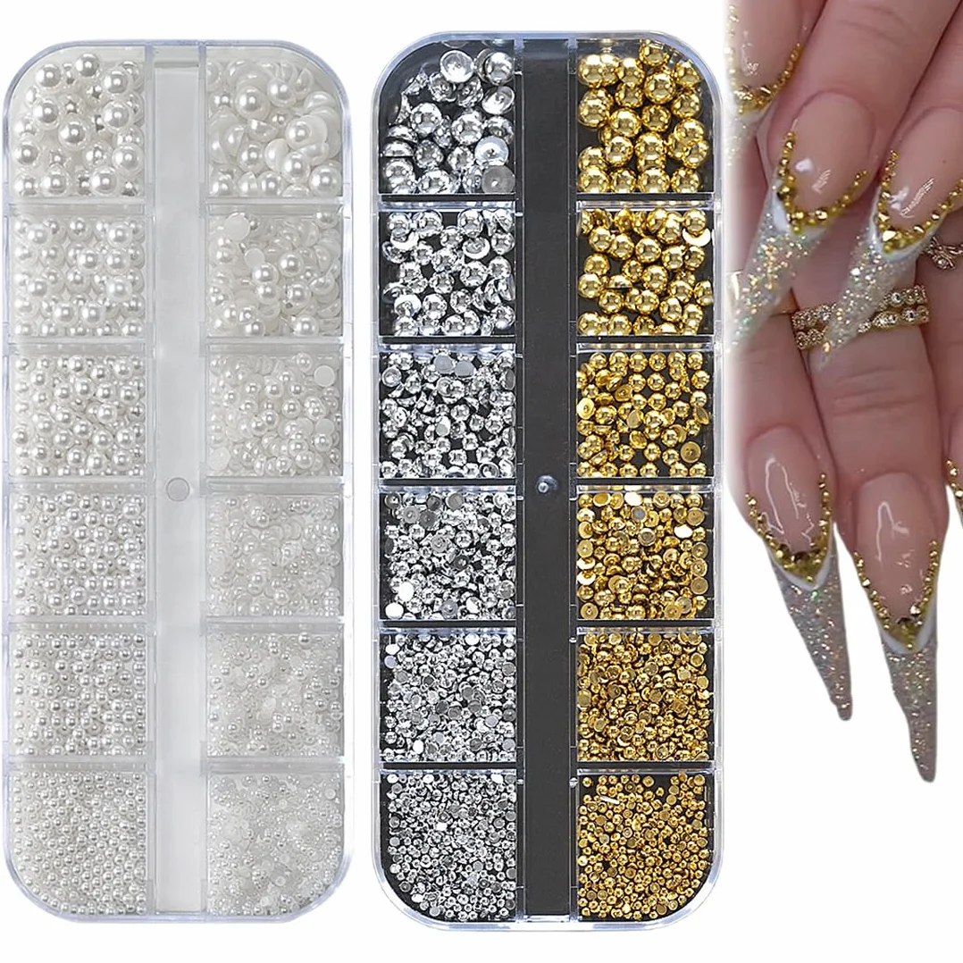 Boîte Blanc Perles Ongles Demi Rond Bijoux Nail Art Perles Couleur Or Argent Mini Nail Caviar Beads Strass Accessoires