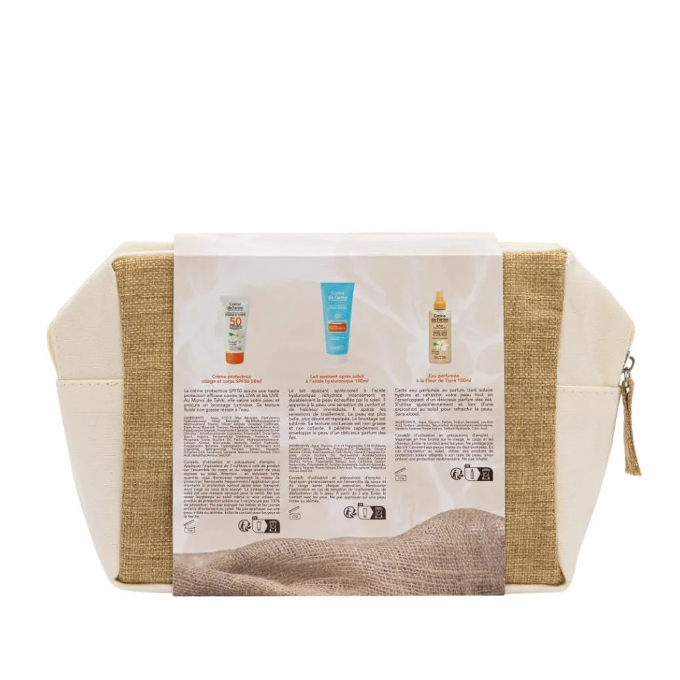 Trousse Essentiels Solaires Voyage Corine de Farme SPF 50 Crème Visage 50 ml, Eau Parfumée des Îles 100 ml, Lait Après-Soleil Acide Hyaluronique 100 ml