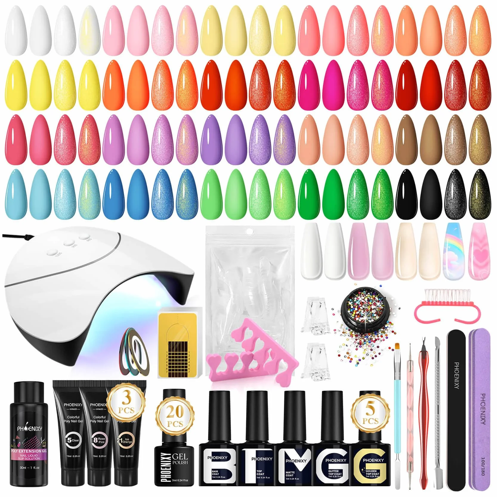 Phoenixy 28 PCS Kit Vernis Semi Permanent avec Lampe à Ongles 20 Couleurs Vernis à Ongles + 3 Couleurs de Poly Extension Gel Kit Ongle Gel UV Complet Pour Débutant