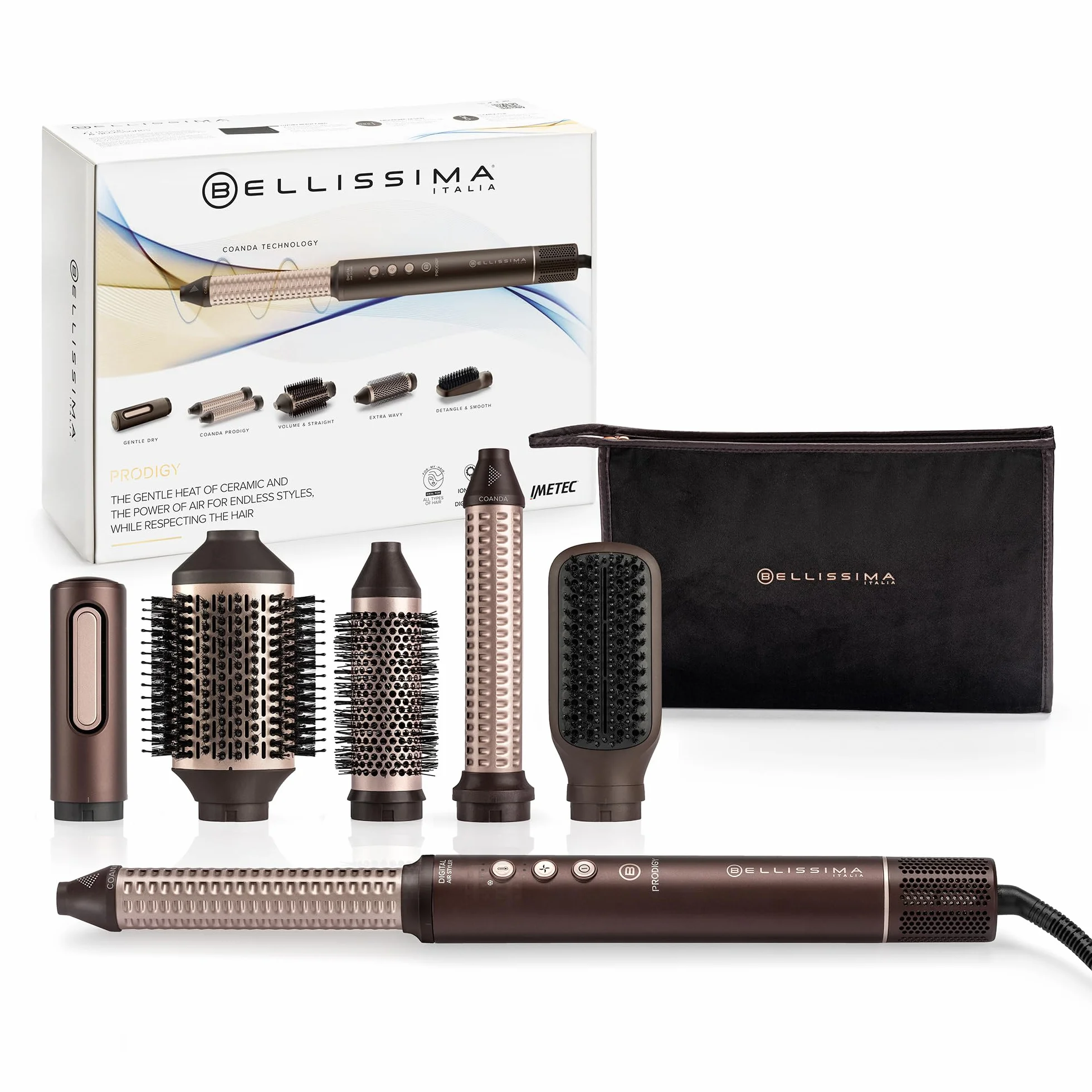 Bellissima Brosse Soufflante Styler Prodigy 1200W - Technologie Coanda - Boucles, Ondulations, Volume - 3 Températures - 6 Accessoires