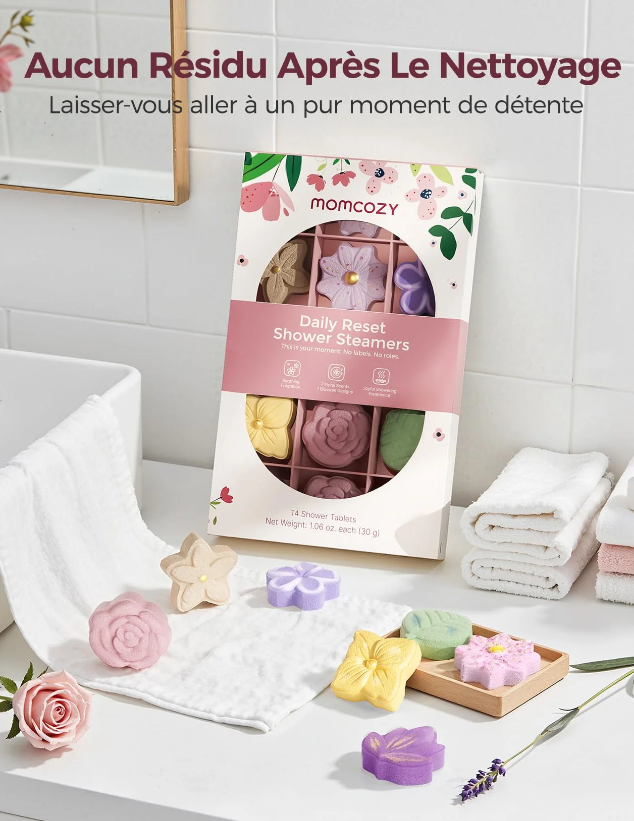 Momcozy Lot de 14 Bombes de Douche Aromathérapie 7 Parfums Floraux Expérience Spa à Domicile Idée Cadeau Formule Douce